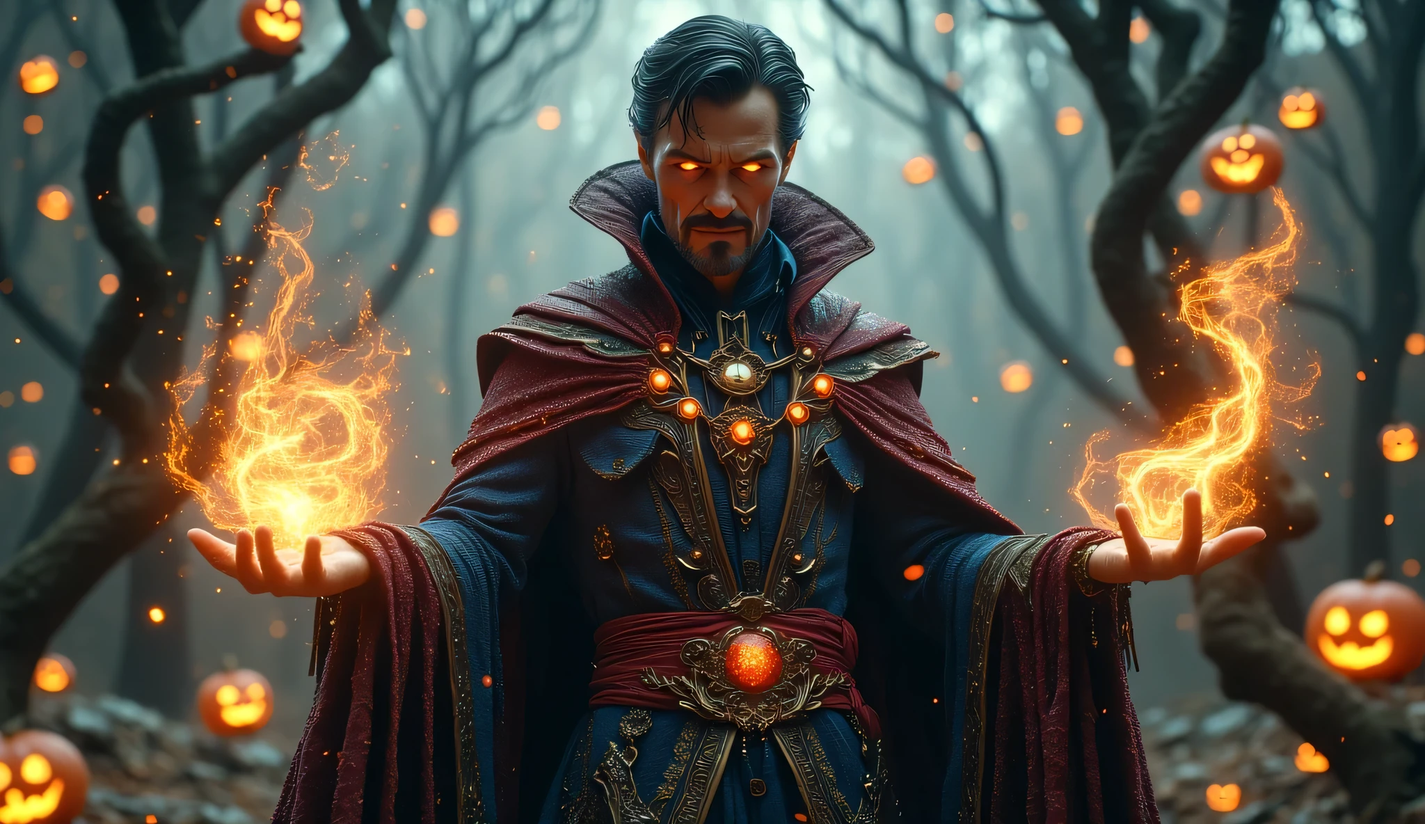 "Create an ultra-detailed Halloween-themed image of the superhero Doctor Strange. The character combines supernatural horror with his signature sorcerer look, featuring ghostly and eerie elements. His suit includes spectral, torn cloaks with floating skull patterns, shadowy spider-web details, and dark mystical symbols. Doctor Strange's face has a haunting expression, with a chilling grin and glowing, otherworldly eyes. His hands radiate swirling, dark magic, with spectral flames and floating ghostly forms around him. The background is a dark Halloween landscape, filled with twisted trees, foggy mist, and floating jack-o’-lanterns. The image is captured in a wide shot, giving full view of the superhero’s detailed suit and the expansive, eerie Halloween-themed background."