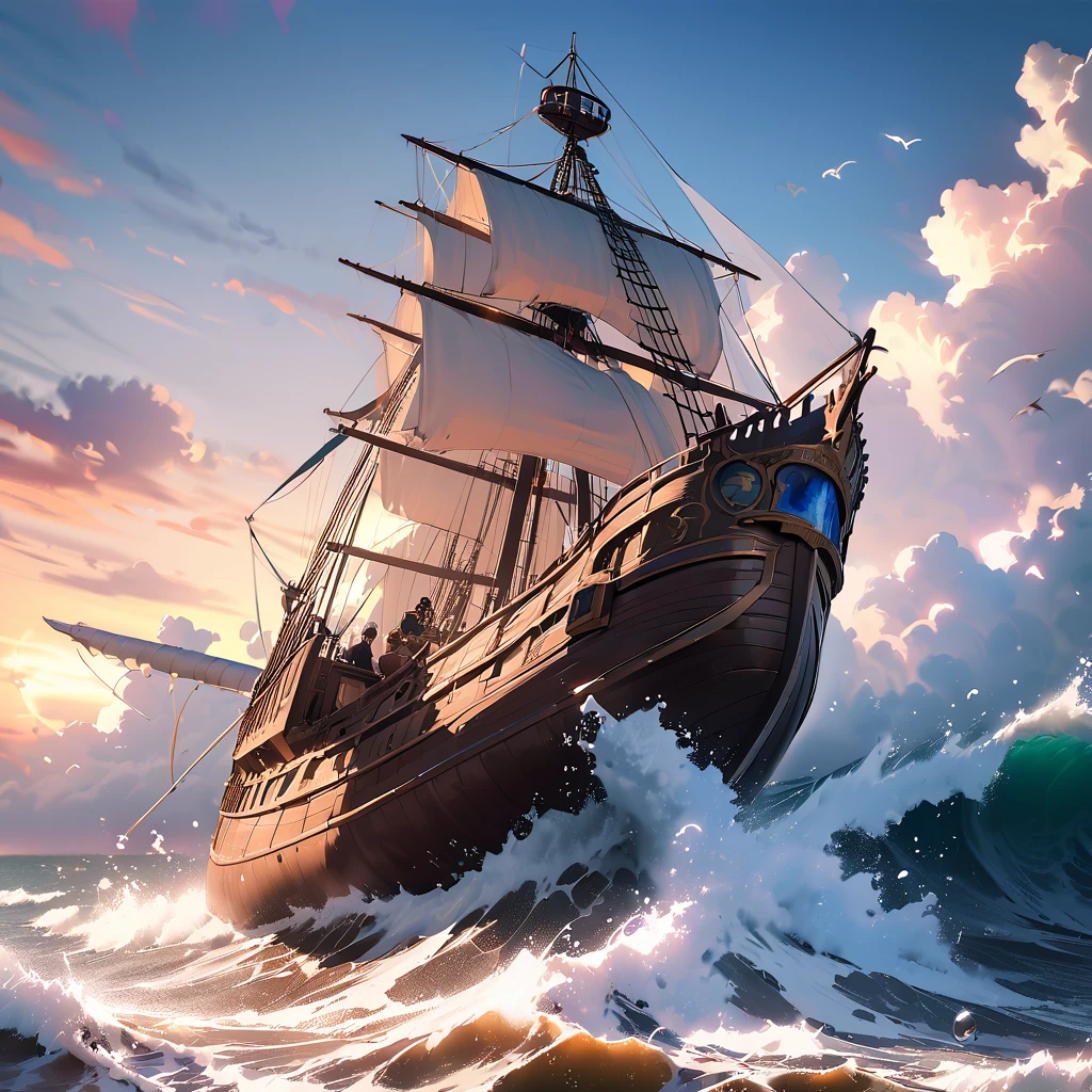 (Pirate War),  in the stormy sea ,  The waves are rolling up big bubbles and rushing in .  the sky is covered with dark clouds , The thunder is roaring,  has a skeleton and cross bones on one side of the flag drawn ,  and the ship is swaying . On deck ,  Two pirate ships collided violently in the light of lightning {x} Pirates with crooked knives and firearms are fighting in the fierce wind,  the flag flipping in the wind .  The lighthouse in the distance is faintly visible in the storm .  seawater jumps up ,  in instantaneous lighting ,  the crew's culprit 々 I can see . background,  and weapons being swayed ,  as if leading a lost ship ,  mesmerizing chiaroscuro  , dynamic movement, astropunk, full body, (Special Effects:0.1), Awards,  like a still photo from a movie , Mandarin , Vignette, dynamic, Vivid, (masterpiece, Best Quality,  photorealistic, professional, Perfect composition,  so beautiful, Absurd, Super detailed,  intricate details :1.3)