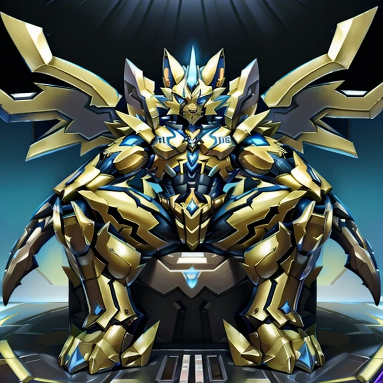 (ZERAORA, 8K), (Zeraora's giant robot, Powered exoskeleton with the same design as Zeraora), (Masterpiece, highres) (Detailed head, Detailed Body, Detailed abs, full body) (gigantic muscles, Gigachad Muscular, big muscle, pecs, triceps, traps, unusually developed muscular body, body full of huge muscles. showing off muscles, pectorales enormes, Exaggeratedly huge muscles.) (nj5furry, The claws are sharp, Sharp teeth, sharp claws), (long legs), (Spread wings, It has wings, have big wings, golden wings),(It has wings, whole body shines like metal, Wearing cyberpunk mecha, emphasizes the muscles, suit fully made of metal, intricate armor, Robotic suit, suit fully made of metal, cyborg), menacing pose, sitting on the throne, An arrogant expression. destroying city.