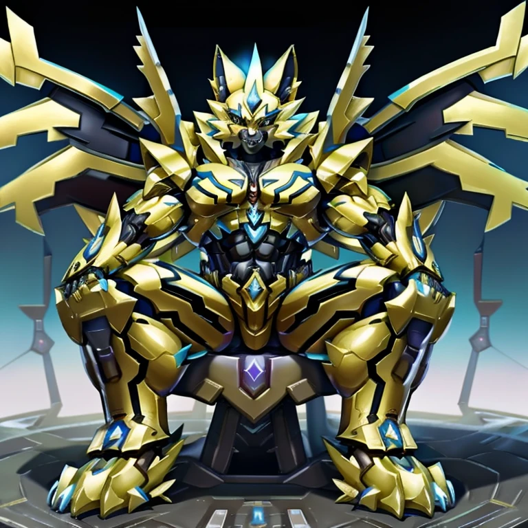 (ZERAORA, 8K), (Zeraora's giant robot, Powered exoskeleton with the same design as Zeraora), (Masterpiece, highres) (Detailed head, Detailed Body, Detailed abs, full body) (gigantic muscles, Gigachad Muscular, big muscle, pecs, triceps, traps, unusually developed muscular body, body full of huge muscles. showing off muscles, pectorales enormes, Exaggeratedly huge muscles.) (nj5furry, The claws are sharp, Sharp teeth, sharp claws), (long legs), (Spread wings, It has wings, have big wings, golden wings),(It has wings, whole body shines like metal, Wearing cyberpunk mecha, emphasizes the muscles, suit fully made of metal, intricate armor, Robotic suit, suit fully made of metal, cyborg), menacing pose, sitting on the throne, An arrogant expression. destroying city.