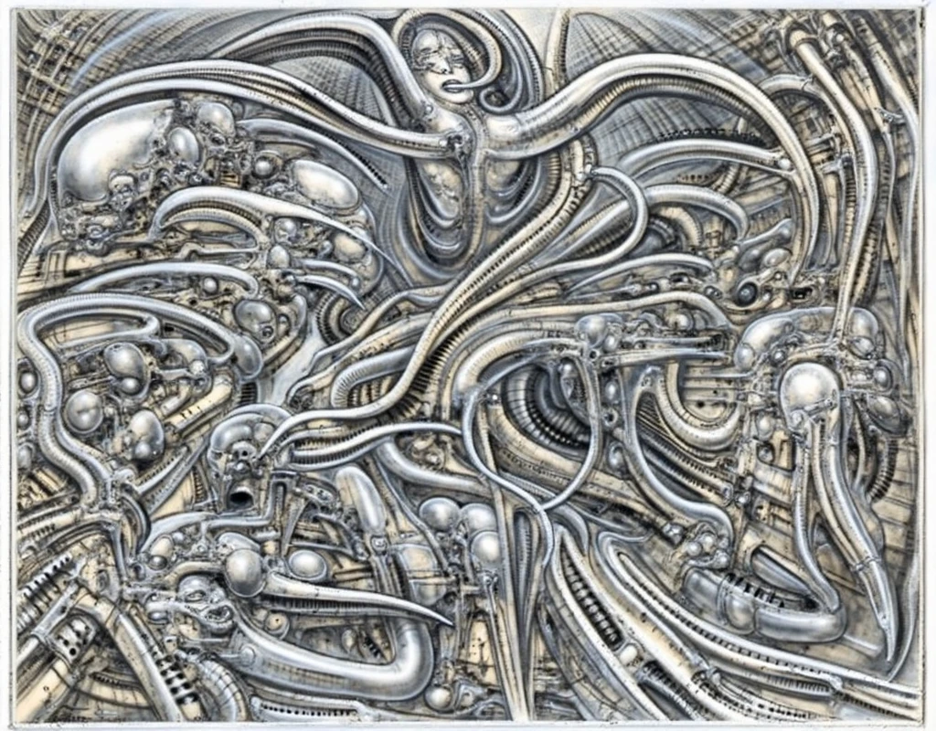 H. R. Giger's liminal void, g1g3r, , Giger_style, , (Triadic:1.1), (Proportion:1.1),  (Frottage:1.1), (Reflected light:1.2), Parchment, Octagon, ultra detailed, intricate,, dry b (best quality:1.4), H.R. GIGER,  BY GIGER