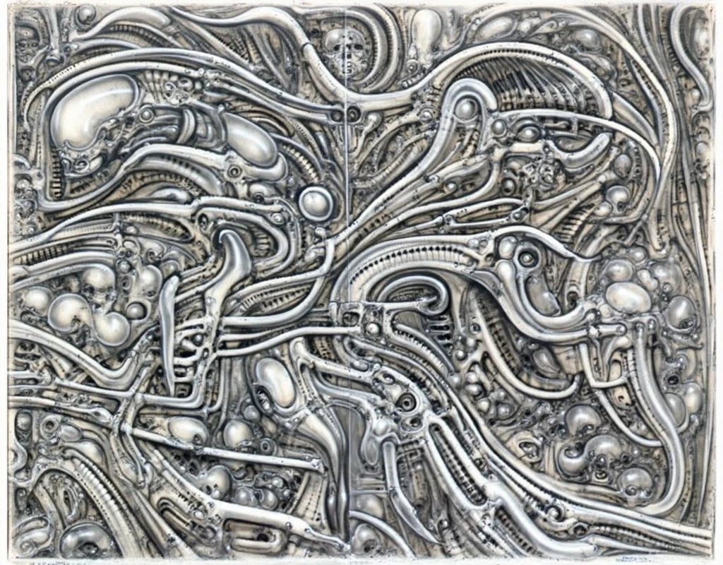 H. R. Giger's liminal void, g1g3r, , Giger_style, , (Triadic:1.1), (Proportion:1.1),  (Frottage:1.1), (Reflected light:1.2), Parchment, Octagon, ultra detailed, intricate,, dry b (best quality:1.4), H.R. GIGER,  BY GIGER