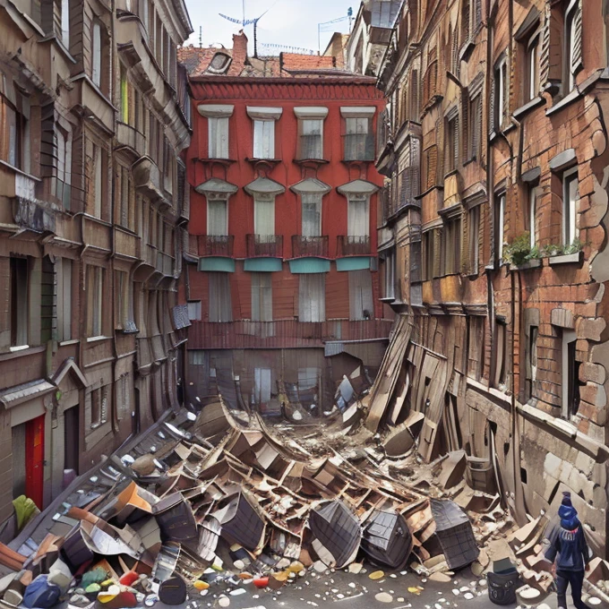  prompteapoor part of the city with tall brick tenement houses some of them have no windows falling plaster,  balconies with drying laundry . Dachy pokryte drewnianym gontem. Stragany,  confusion , trade , crowd of people,  running ren ,  pets , złodziej kryjący się za rogiem. Uliczki Londynu średniowiecze. 