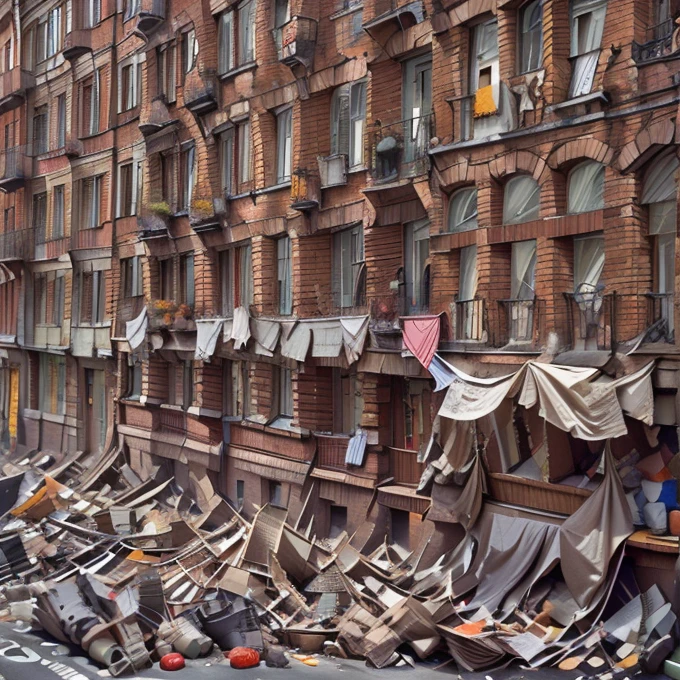  prompteapoor part of the city with tall brick tenement houses some of them have no windows falling plaster,  balconies with drying laundry . Dachy pokryte drewnianym gontem. Stragany,  confusion , trade , crowd of people,  running ren ,  pets , złodziej kryjący się za rogiem. Uliczki Londynu średniowiecze. 