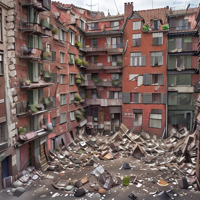  prompteapoor part of the city with tall brick tenement houses some of them have no windows falling plaster,  balconies with drying laundry . Dachy pokryte drewnianym gontem. Stragany,  confusion , trade , crowd of people,  running ren ,  pets , złodziej kryjący się za rogiem. Uliczki Londynu średniowiecze. 