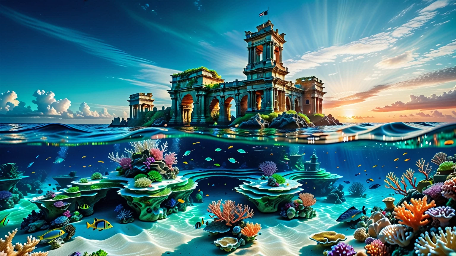 A Masterpiece In 32K Resolution, Supreme Quality, Super Detail, Official Art, Very High-Resolution 32K Wallpaper. Oceanic And Vast, Ultra-Detailed Features. Endless Waves And Coral Reefs Stretch Across The Horizon, Glowing With The Blue-Green Light Of A Setting Sun. Ancient Underwater Ruins Lie Beneath The Waves, Their Stone Structures Covered In Coral And Seaweed. Rolling Tides And Crystal Clear Waters Form A Tranquil, Submarine Landscape Where Every Ripple Reflects The Play Of Light Above. A Majestic Leviathan With Sapphire Scales Swims Through The Depths, Its Massive Form A Shimmering Contrast Against The Dark Abyss, Embodying The Spirit Of This Deep Oceanic Realm.