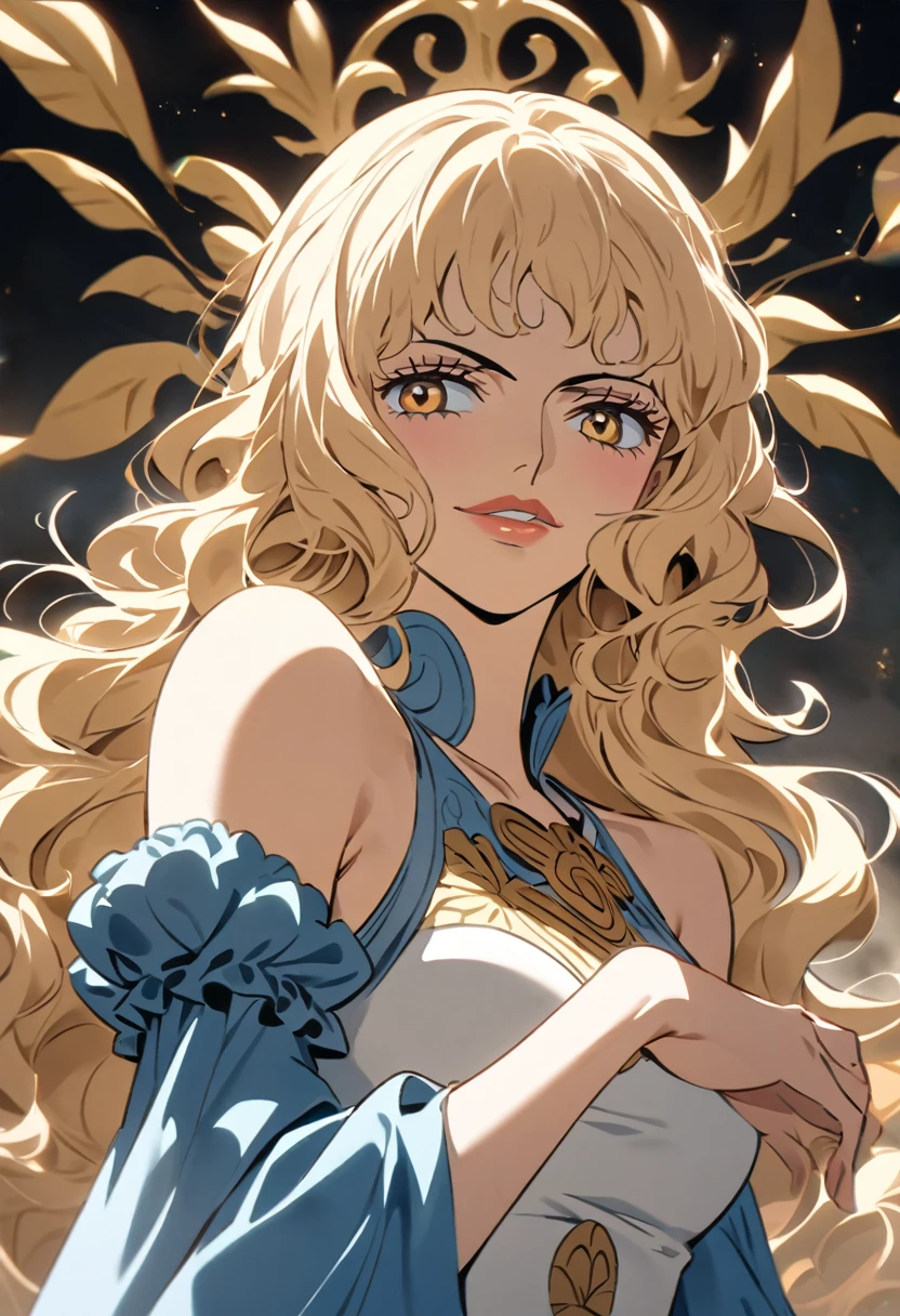  anime style one piece , Female character,  Her long light blond hair is flowing ,  as if they were in the wind and shines like gold under the light of the sun ,  accentuating the contrast with her penetrating gaze .  The eyes are deep blue ,  with a shine that reveals both determination and curiosity  . The face has delicate features,  with high cheekbones and a well-defined chin ,  light blush His lips are slightly curved in an enigmatic smile,  giving her a charming appearance , image only of the face and shoulders 