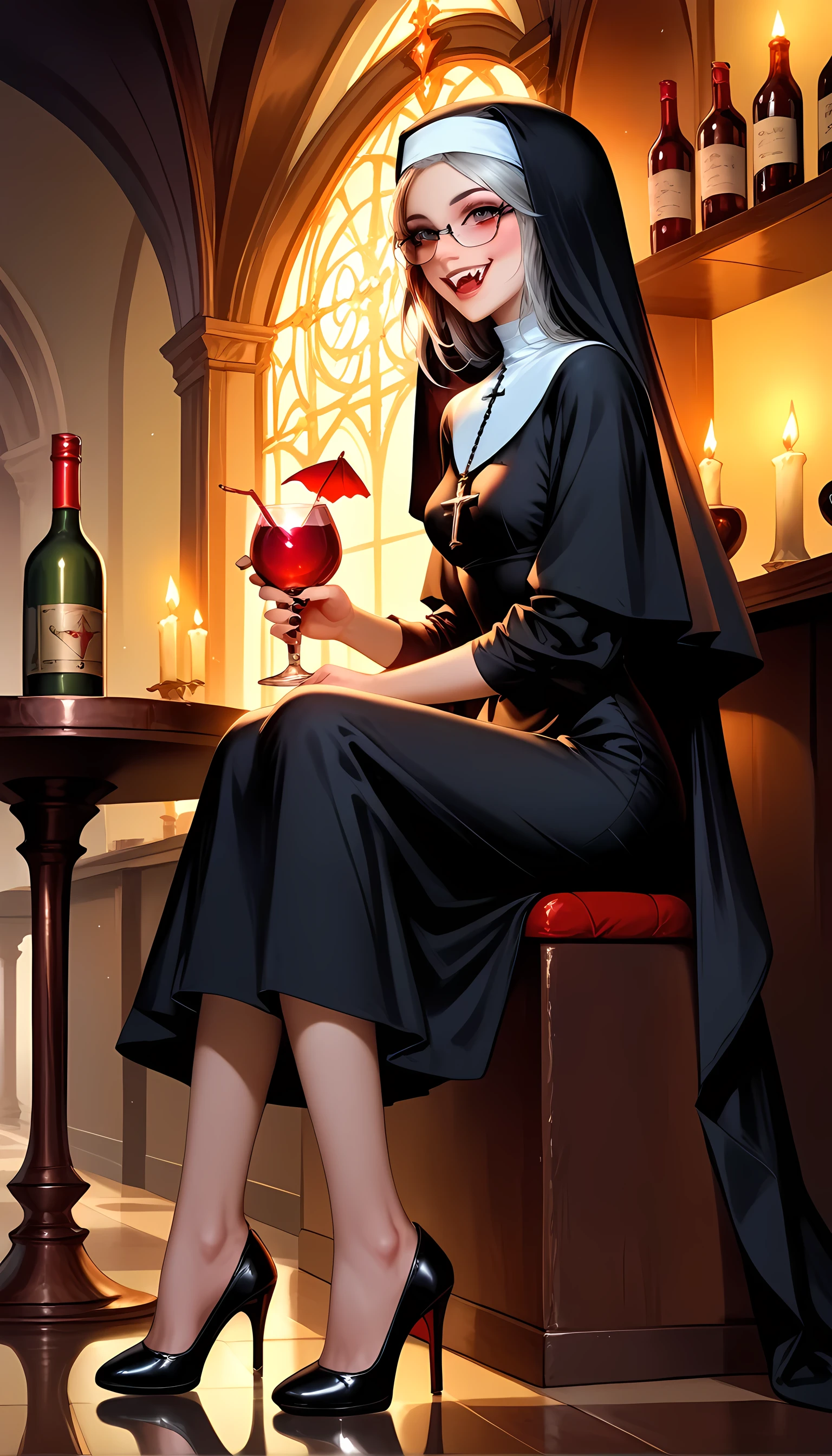 score_9, score_8_up, score_7, a picture of a beautiful Catholic nun sitting in a goth bar , sipping a dark red cocktail, wearing a white catholic nun habit, full body, slightly hiding the edge of white silk stocking, (vampiric fang: 1.3), wearing high heels, smirking, glasses, silver cross choker, make up, blond hair, long hair, eye reflection, intense azure eyes, light makeup, shy, blush, goth bar background, wine bottles, lit with candles, photorealistic, Realism, depth of field, cinematic lighting, dim light, full body, silhouette, from side, Ultra-Wide Angle, retina, UHD, best quality, 16k, highres, high details, vampire teeth