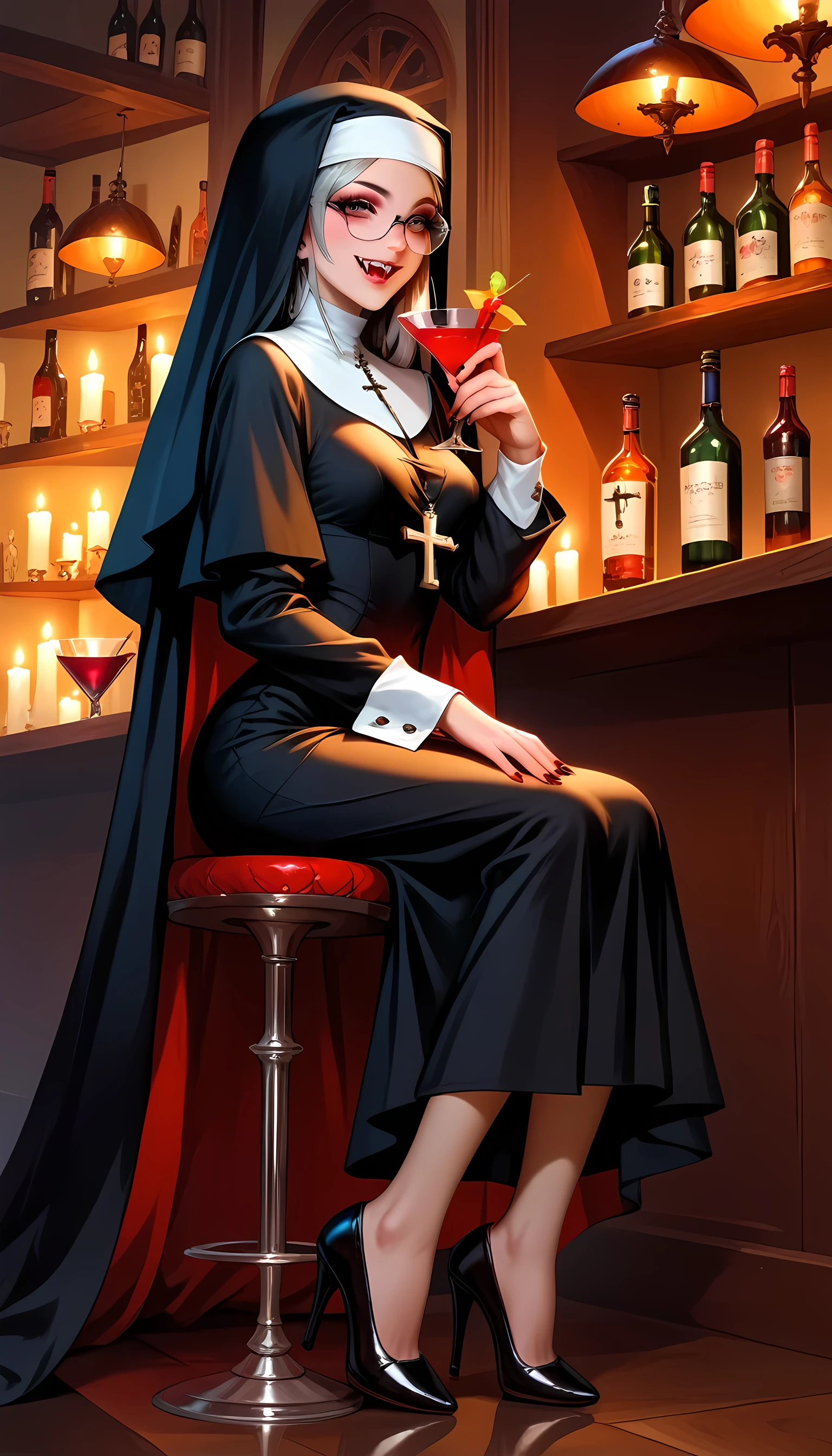 score_9, score_8_up, score_7, a picture of a beautiful Catholic nun sitting in a goth bar , sipping a dark red cocktail, wearing a white catholic nun habit, full body, slightly hiding the edge of white silk stocking, (vampiric fang: 1.3), wearing high heels, smirking, glasses, silver cross choker, make up, blond hair, long hair, eye reflection, intense azure eyes, light makeup, shy, blush, goth bar background, wine bottles, lit with candles, photorealistic, Realism, depth of field, cinematic lighting, dim light, full body, silhouette, from side, Ultra-Wide Angle, retina, UHD, best quality, 16k, highres, high details, vampire teeth