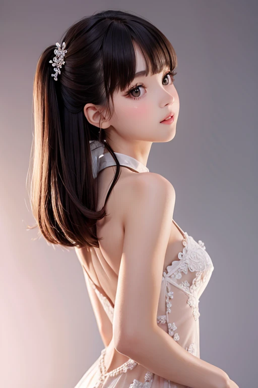  Back View, ( flat chest),  skin pattern , (９age),  fashion trendy beautiful beautiful girl , Gentle and charming beautiful Chinese girl, 10age,  delicate and sexy collarbone,  Attractive Oval Face ,  double eyelid,  Wise Peach Blossom Eyes ,  Pink Lips, Small Nose, Shoulder Bare, Focus on the face,  close-up face,  Ultra High Definition, Ultra Definition, Full body images, Ultra-thin light transmission, Sweet and playful upper body,  see-through 