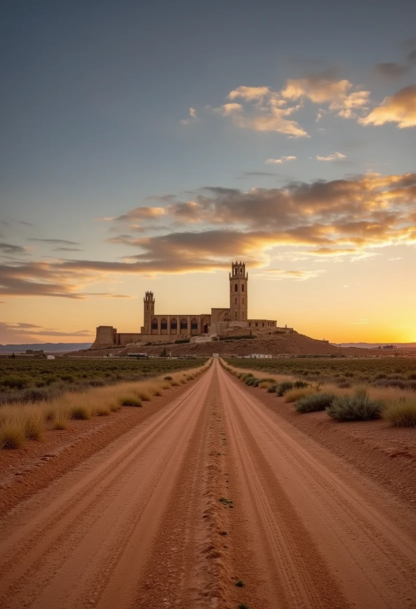 A long, dusty road stretches toward the horizon under a vast, open sky, capturing the cinematic essence of the Old West. In the distance, atop a rugged hill, stands the Seu Vella cathedral, silhouetted against the warm glow of the setting sun. The cathedral’s gothic spires and ancient stone architecture contrast strikingly with the barren, desert-like landscape. The hyper-realistic scene is filled with western details: dry, cracked earth alongside the road, sparse vegetation, and a sense of solitude. The entire setting evokes a sense of timeless adventure, leading the eye toward the majestic cathedral on the hill