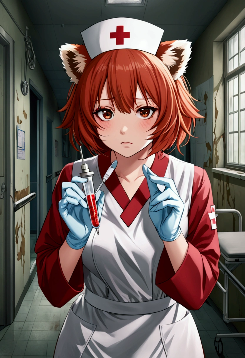  A female furry red panda with short red hair and brown eyes .  She has a nervous expression on her face as she holds a large syringe between her two hands. Her legs show shyness ,  wears a nurse's costume and in the background of the drawing there is an abandoned and shady hospital  . Her body is feminine and beautiful. Her face shows fear and nervousness ,  she is a novice and is afraid of doing her job poorly as a nurse.