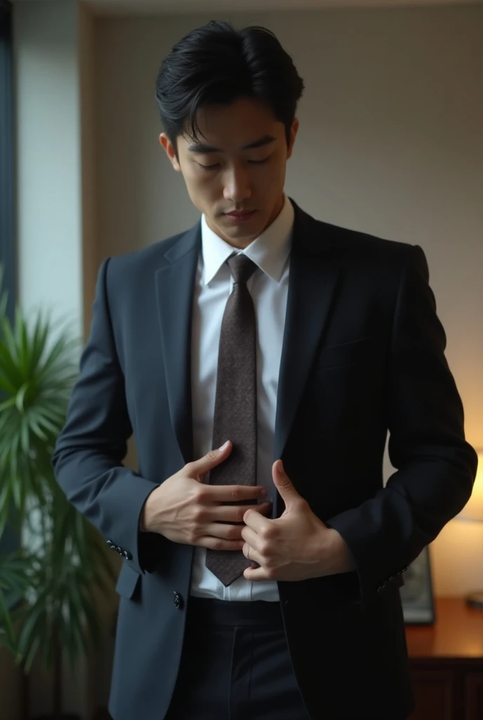 1 handsome Japanese guy,27years old,Lawyer,Formal shirt and tie, Lawyer服,provocative and lewd pose, Professional Dress, Preparing for court, Handsome and elegant, Wearing a uniform, sexy abstinence, in blouse wearing, Masculine and handsome,musculous,Muscles look good,hairy bodies,with fair skin,黑The eye(thin eyes 1:3),Full body photo,lewd face, tight chest, provocatively, unbutton buttons ,sexy