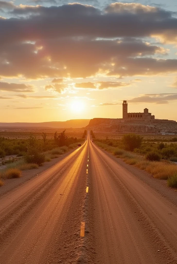 A long, desolate road stretches far into the horizon, leading through a vast, open landscape under the wide western sky. In the far-off distance, barely visible atop a distant hill, stands the Seu Vella cathedral, its towering silhouette faint against the warm hues of a setting sun. The cathedral appears small and remote, emphasizing the vastness of the landscape and the long journey ahead. The scene is hyper-realistic, with details of cracked earth, scattered desert plants, and a cinematic depth, evoking the solitude and mystery of the Old West as the road winds toward the distant, almost ethereal cathedral on the horizon