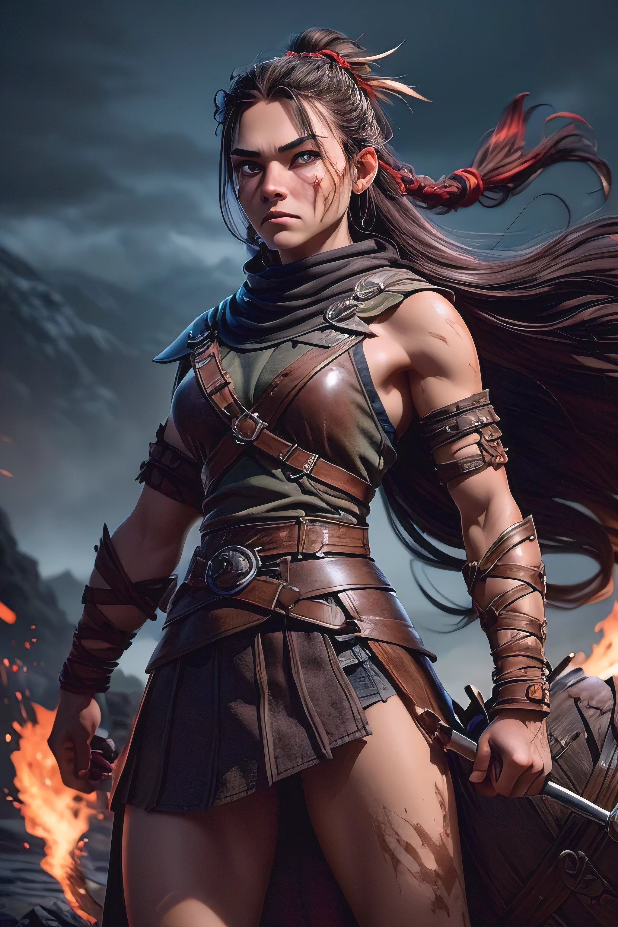 ( masterpiece , ultra high resolution:1.4), ( Photo of a Viking warrior with braided black hair.:1.3), (Tall stature and captivating brown eyes that emit a certain glow and light.:1.4), (Sony Alpha 1 camera, Renowned for capturing the highest level of detail in a photo:1.3), (paired with the Sony FE 85mm f/1.4 GM lens for stunning portraits:1.3), (The face of the Viking with perfect symmetry and impeccable features:1.2), (His face adorned with red war paint:1.3), (his intense yellow eyes shining with determination:1.2), (His leather warrior attire, covered in red war paint and battle stains:1.3), (Sony Alpha 1 camera capturing the textures of the leather and paint with precision:1.2), (The strong arms and the slender body of the Viking.:1.3), (standing with a dominant presence in the middle of the battlefield:1.1), (A light mist in the air, with volcanic ash falling gently from the sky:1.1), (The artistically blurred background, emphasizing the Viking warrior as the focal point:1.1), (His expression shows pure concentration and unwavering determination.:1.3), (The camera captures the emotion and intensity in your eyes:1.3), (The photo captures a moment of raw strength and warrior spirit:1.1), (the ultra high resolution ensuring every detail, from the intricacies of her braided hair to the tiniest streak of war paint, is preserved:1.1), (A moment frozen in time, Showing the bravery and ferocity of a Viking warrior:1.1), cinematographic, Hyperdetailed, Crazy details, beautifully colored, Unreal Engine, dof, Super resolution, Megapixel, cinematographic lightning, Antialiasing, FKA, Thai, RTX, SSAO, Postprocessing , post-production, tone mapping, cgi, visual effects, sound effects, Incredibly detailed and intricate, hyper maximalist, Hyper realistic, volumetric, photorealistic, ultra photorealistic, Ultra detailed, intricate details , 8K, Super detailed, in full color,