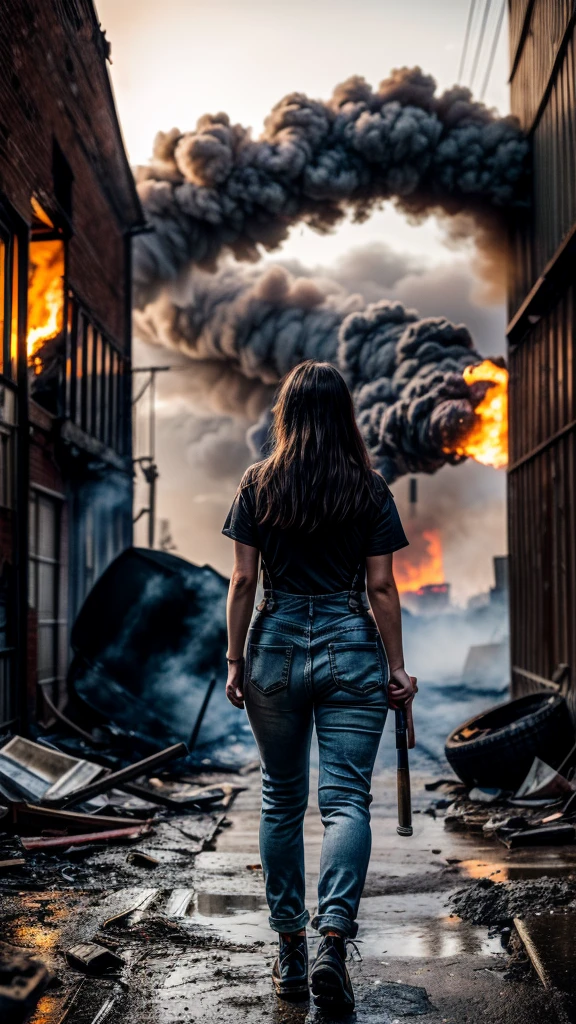 A 25-year-old woman, from behind, wearing overalls with grease stains, holding a crowbar, in a scrapyard, sky is gray with black smoke from burning rubber, gritty, industrial, cinematic lighting --ar 16:9 --s 500 --v 6 --stylize 750
