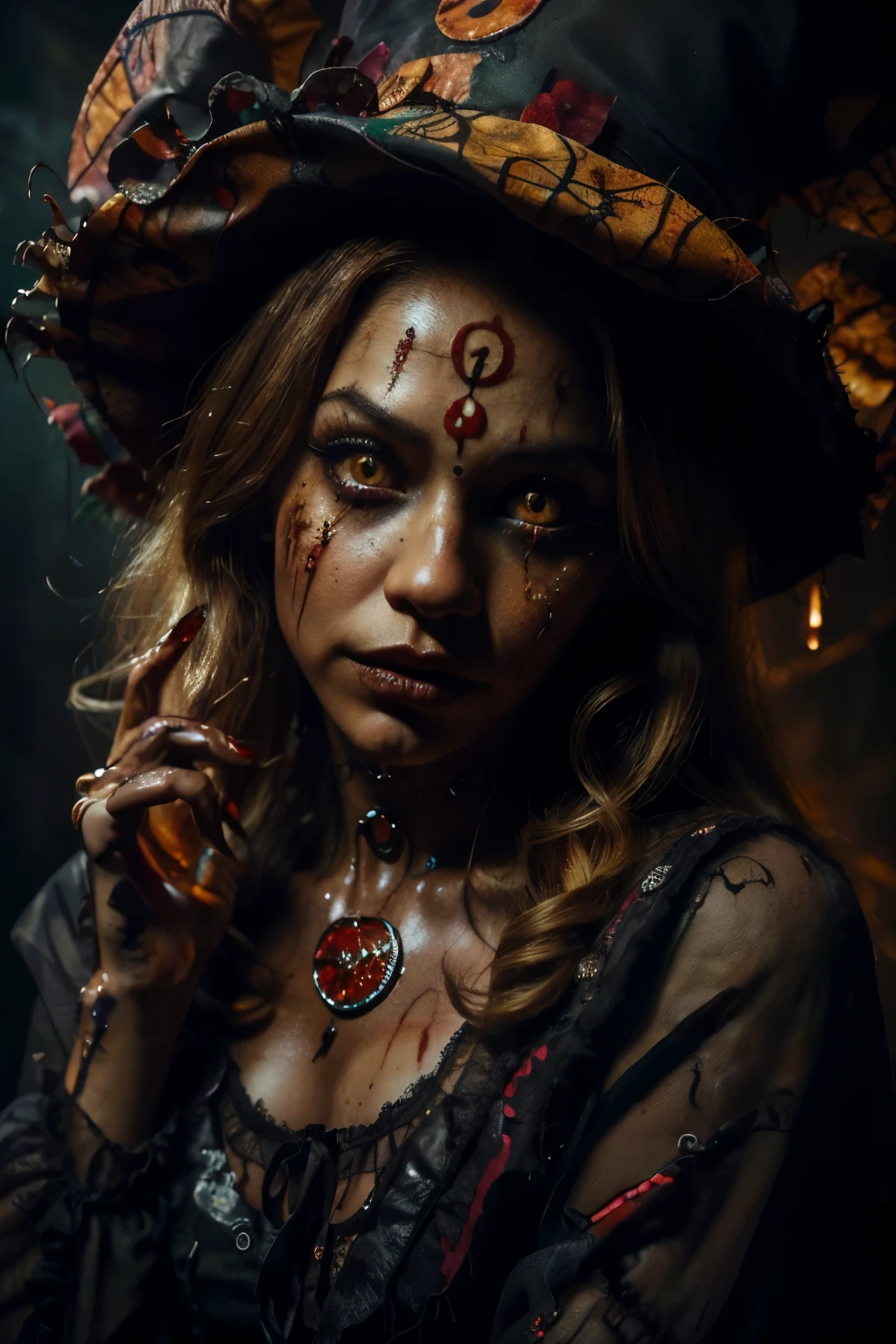 a latina woman, 30 years old, long blonde hair, honey colored eyes, full body, dressed as a scary clown, horror clown, bloody clown, detailed face, beautiful detailed eyes, beautiful detailed lips, extremely detailed eyes and face, long eyelashes, horror, blood, dramatic lighting, cinematic, dark and moody, deep shadows, intense colors, surreal, twisted, disturbing, (best quality,4k,8k,highres,masterpiece:1.2),ultra-detailed,(realistic,photorealistic,photo-realistic:1.37)