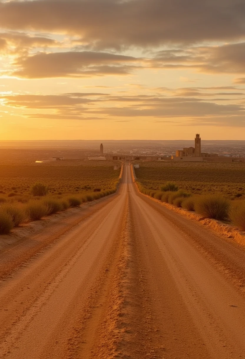 A long, empty road stretches endlessly into the horizon, winding through a vast, arid landscape beneath a sprawling western sky. Far, far in the distance, barely discernible on a distant hill, stands the Seu Vella cathedral, its silhouette faint and almost dreamlike against the fading light of sunset. The cathedral appears tiny, emphasizing the immense scale of the landscape and the seemingly endless journey to reach it. The scene is hyper-realistic and cinematic, with dusty, cracked terrain, sparse desert vegetation, and a profound sense of solitude as the road extends toward the barely visible cathedral on the distant horizon.