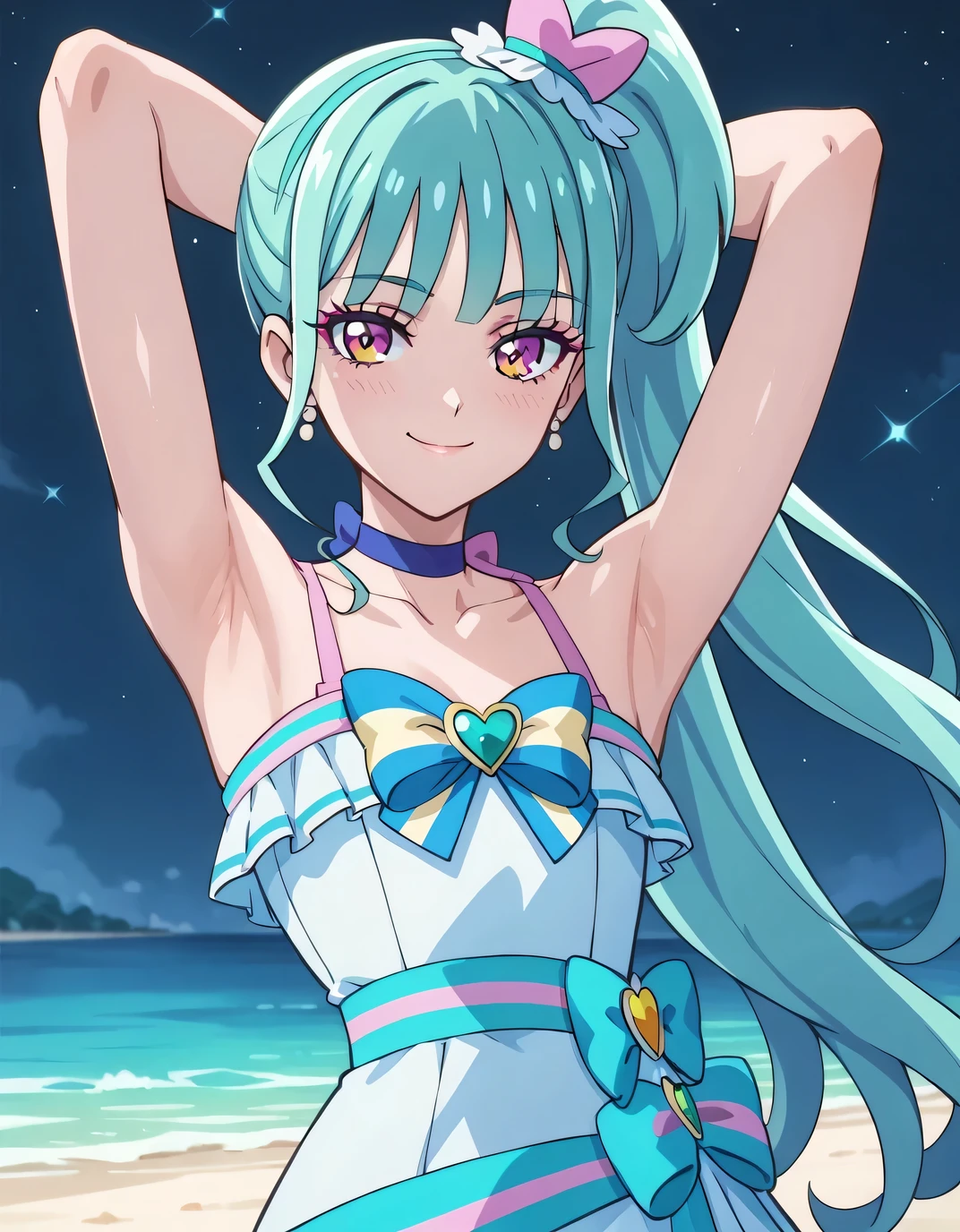 curelillian, shiny skin, long hair, side ponytail, high quality, closed mouth, looking at viewer, smile, showing armpit, solo, {contrapposto}, spread armpit, arms behind head, cowboy shot, closed mouth, night sky, beach, best quality, blushing