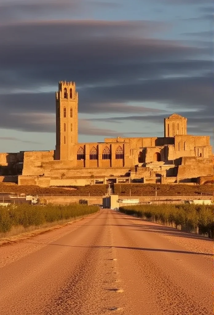 A long, empty road stretches endlessly into the horizon, winding through a vast, arid landscape beneath a sprawling western sky. Far, far in the distance, barely discernible on a distant hill, stands the Seu Vella cathedral, its silhouette faint and almost dreamlike against the fading light of sunset. The cathedral appears tiny, emphasizing the immense scale of the landscape and the seemingly endless journey to reach it. The scene is hyper-realistic and cinematic, with dusty, cracked terrain, sparse desert vegetation, and a profound sense of solitude as the road extends toward the barely visible cathedral on the distant horizon.