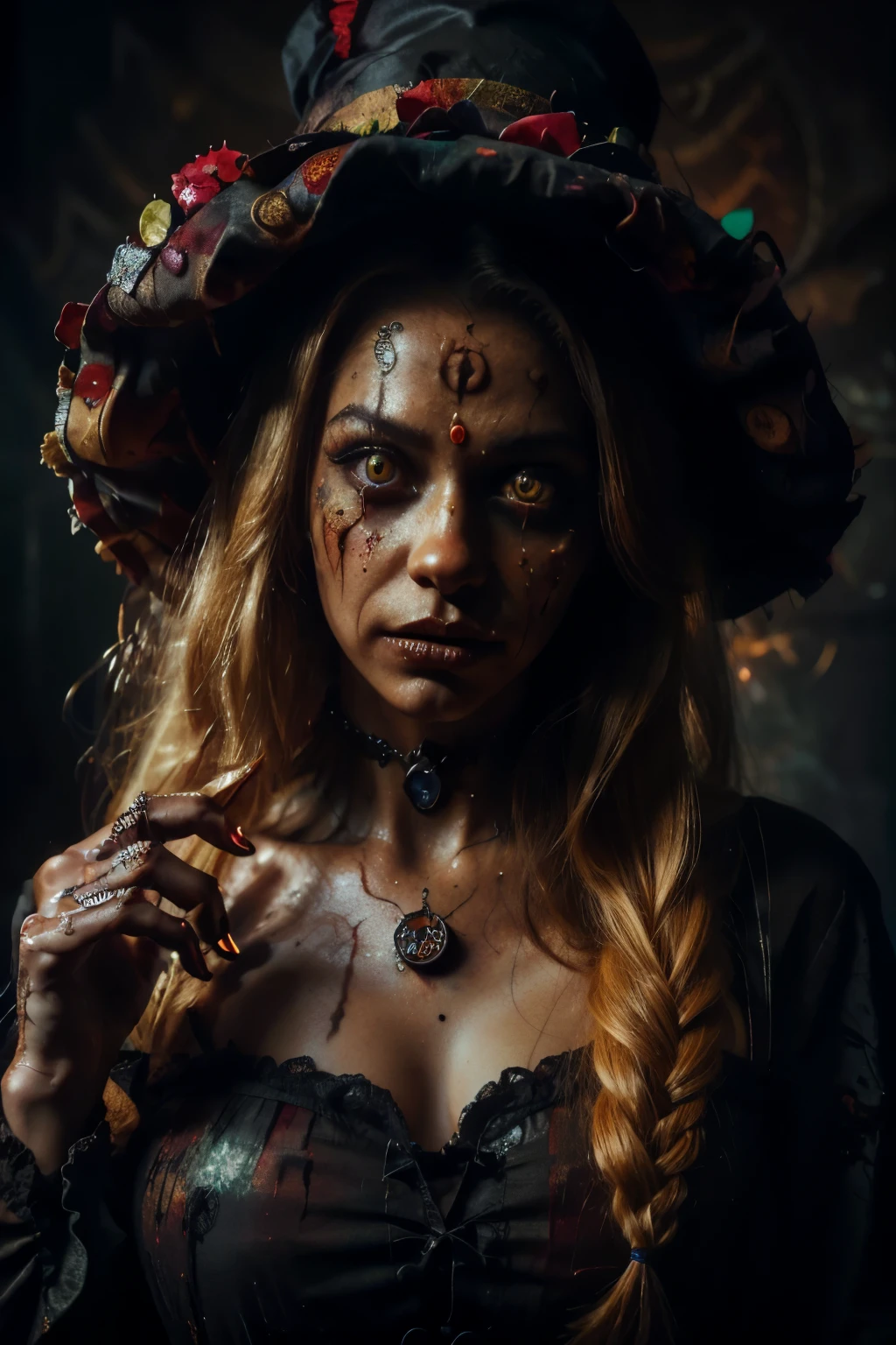 a latina woman, 30 years old, long blonde hair, honey colored eyes, full body, dressed as a scary clown, horror clown, bloody clown, detailed face, beautiful detailed eyes, beautiful detailed lips, extremely detailed eyes and face, long eyelashes, horror, blood, dramatic lighting, cinematic, dark and moody, deep shadows, intense colors, surreal, twisted, disturbing, (best quality,4k,8k,highres,masterpiece:1.2),ultra-detailed,(realistic,photorealistic,photo-realistic:1.37)