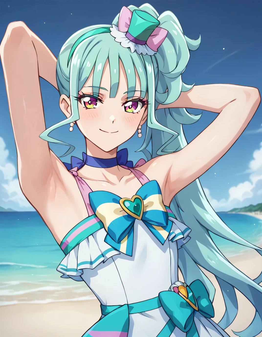 curelillian, shiny skin, long hair, side ponytail, high quality, closed mouth, looking at viewer, smile, showing armpit, solo, {contrapposto}, spread armpit, arms behind head, cowboy shot, closed mouth, night sky, beach, best quality, blushing