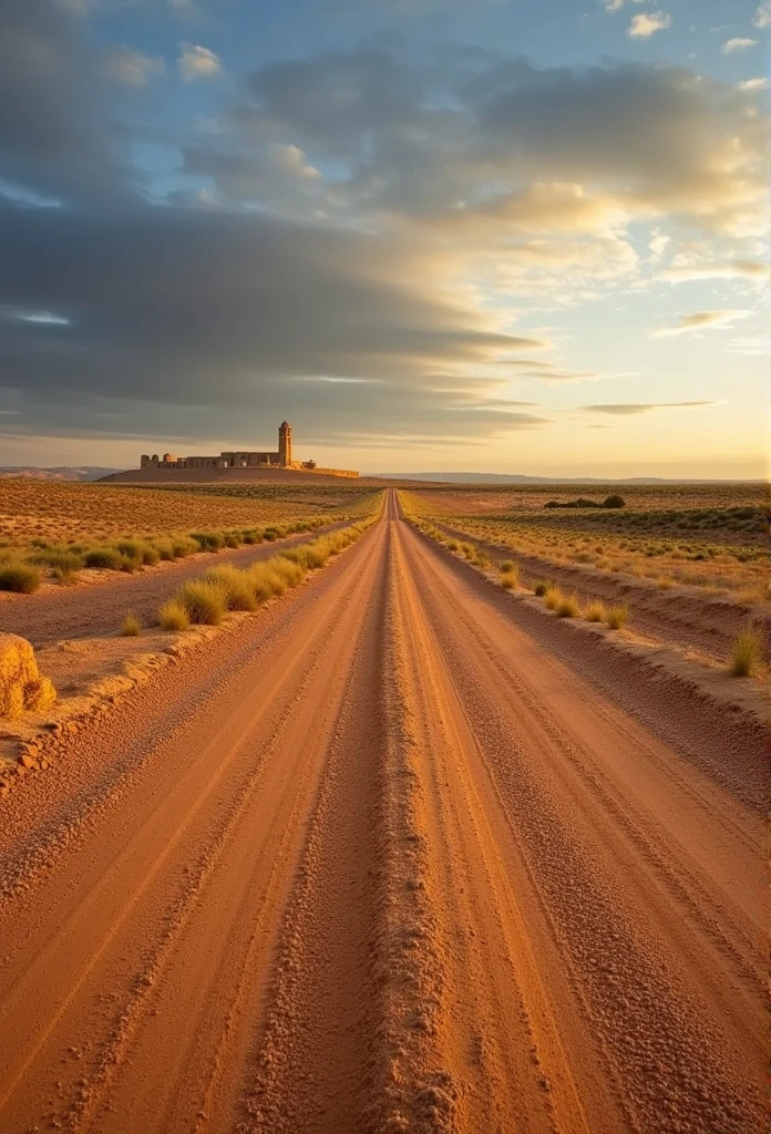 A long, empty road stretches endlessly into the horizon, winding through a vast, arid landscape beneath a sprawling western sky. Far, far in the distance, barely discernible on a distant hill, stands the Seu Vella cathedral, its silhouette faint and almost dreamlike against the fading light of sunset. The cathedral appears tiny, emphasizing the immense scale of the landscape and the seemingly endless journey to reach it. The scene is hyper-realistic and cinematic, with dusty, cracked terrain, sparse desert vegetation, and a profound sense of solitude as the road extends toward the barely visible cathedral on the distant horizon.