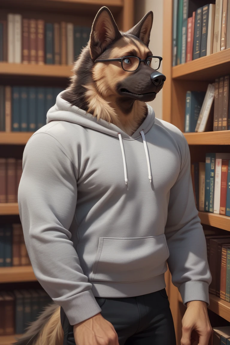 masterpiece, extremely detailed, high res, detailed, best quality, best aesthetics, absurd res, perfect anatomy, perfect proportions, high resolution, good color, bright skin, good shading, countershading, well detailed background, male, Dog furry, male German shepherd, handsome, male focus, veins muscular, half body, shaded, attractive, Muscular, look from beside, fluffy, wearing gray hoodie, black pants, in the library, standing, looking up looking for books, bookshelves, close-up, confused face, wearing clear glasses.