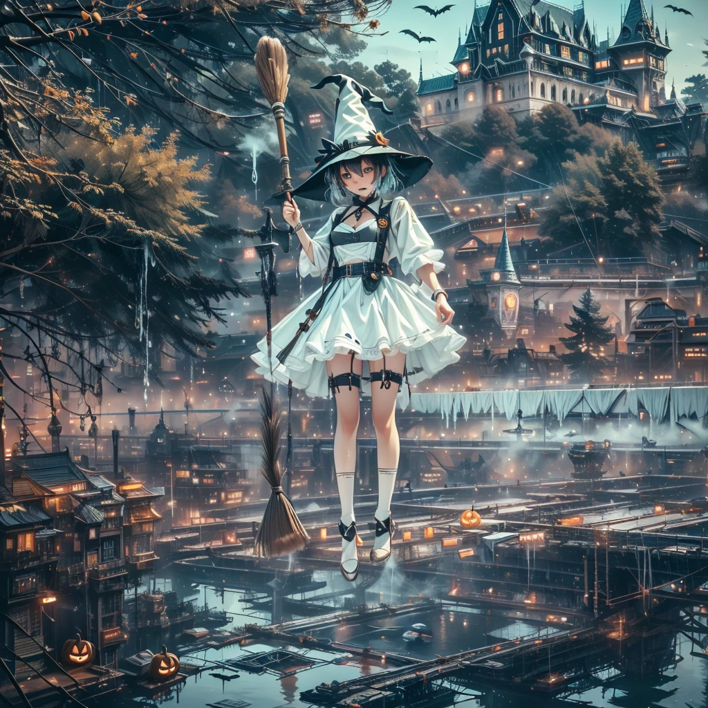 Best Quality,Ultra wide angle composition  、  girl、 Sweaty face、cute、 Short hair 、  boyish 、  hair wet from sweat  、I took off my skirt 、 String panties 、From below、limit、((By the lake with a view of the old castle))、  unbutton the witch's costume, (Riding a broom),  white liquid is dripping from the crotch、  magic wand、  Magic Rim、   Halloween cosplay 、From directly below、 Dynamic Poses 、Lift your legs、( witch hat ), (Chibi)