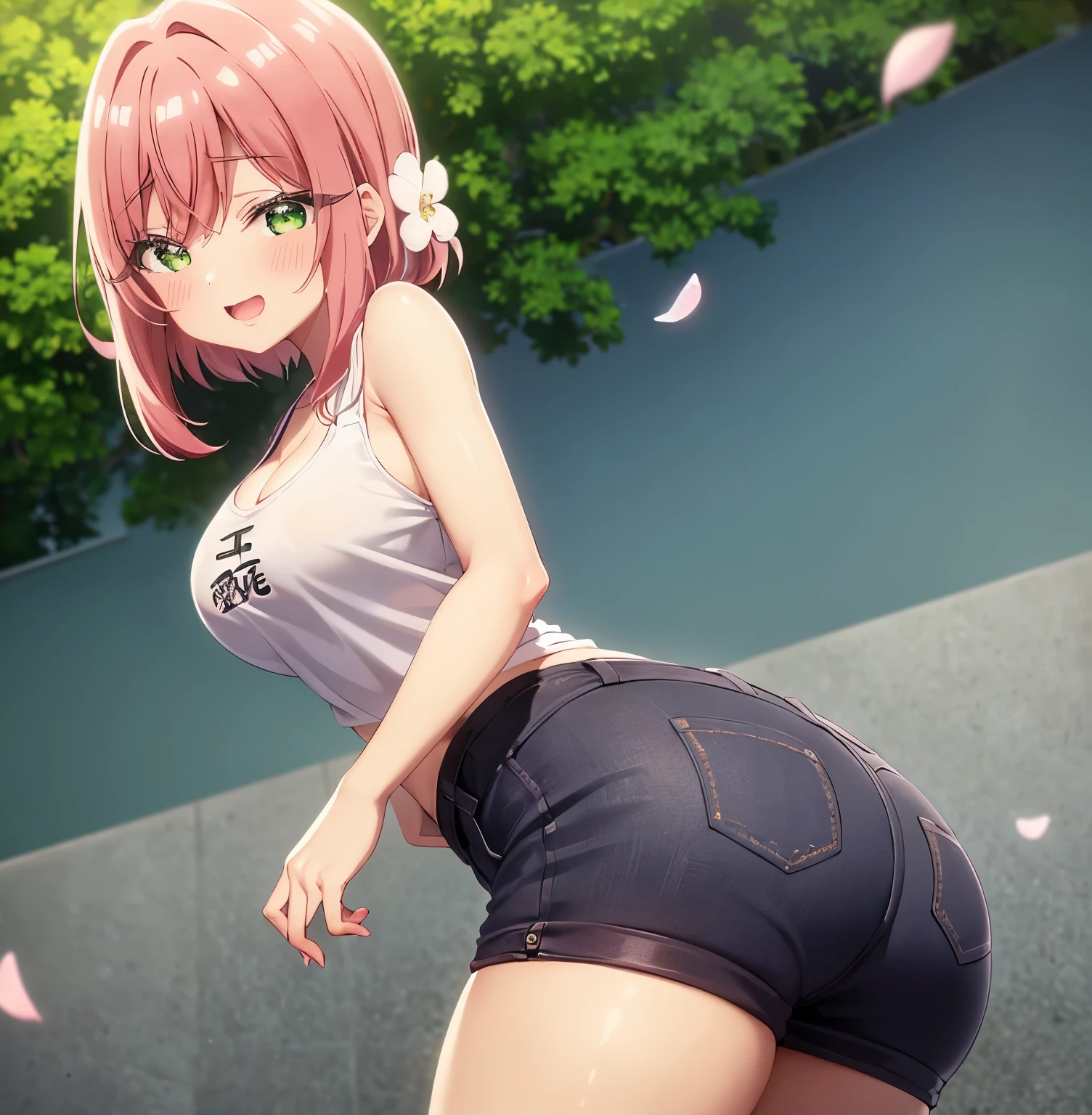 1 girl, alone, hanazono hakari, masterpiece, best quality, 1 girl, Hikari, short hair, pink hair, green eyes, (hair flower: 1.1), hair ornament, (tank shirt:1.2), Shirt .white, cleavage, blue jeans, skinny jeans, white sneakers, standing, smile, blushing, blushing nose, open mouth, standing, leaning forward, street, city, rays of light (falling leaves, falling petals), hands perfect, perfect anatomy, from behind, looking at the viewer, from the front, point of view (from below), large breasts, medium waist, wide hips, medium thighs, round butt,