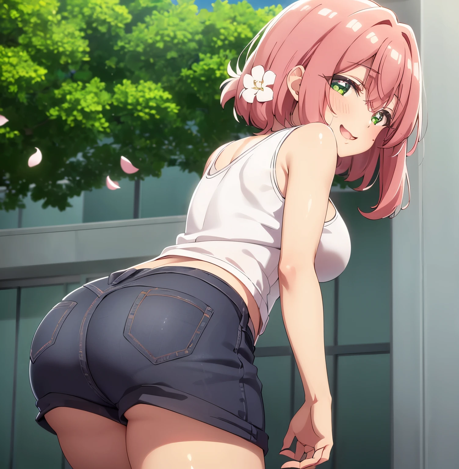 1 girl, alone, hanazono hakari, masterpiece, best quality, 1 girl, Hikari, short hair, pink hair, green eyes, (hair flower: 1.1), hair ornament, (tank shirt:1.2), Shirt .white, cleavage, blue jeans, skinny jeans, white sneakers, standing, smile, blushing, blushing nose, open mouth, standing, leaning forward, street, city, rays of light (falling leaves, falling petals), hands perfect, perfect anatomy, from behind, looking at the viewer, from the front, point of view (from below), large breasts, medium waist, wide hips, medium thighs, round butt,