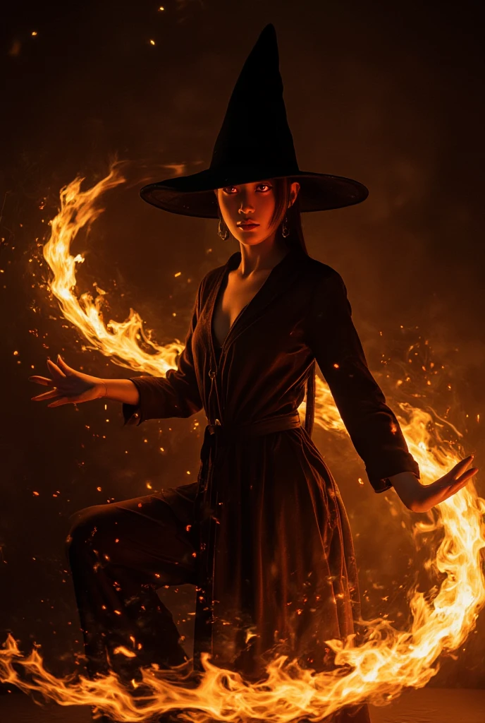 very beautiful girl as a witch her eyes glowing red as she casting fire magic, performing at dark stage, magic particles, full body photography, dynamic pose, blazing flame,, ,score_9, score_8_up, score_7_up, score_6_up,, ,masterpiece, best quality, intricate detail,