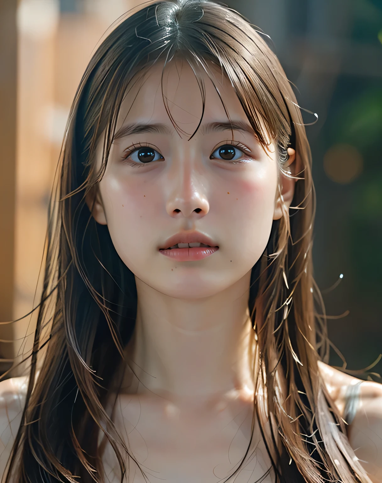 {Best Quality},  {{Face Focus:: }},{{Moon face:1.3}},{Thin jaw} ,,{{}},,Soft light,  ultra high resolution, ( photorealistic:1.4),  RAW Photos, { 1 Japanese girl:, Alone},{{{From the shoulders portrait:1.6}}、{{ Face Focus }}, {naked},{ nude},{ nakedの ,cute, (pupil, pupilに光),{{ Double eyelids on both eyes }},{{ long eyelashes:1.6}}},{{ details}}, (Small breasts),( high resolution details of human skin textures), {{(long　Straight hair:1.6)}}