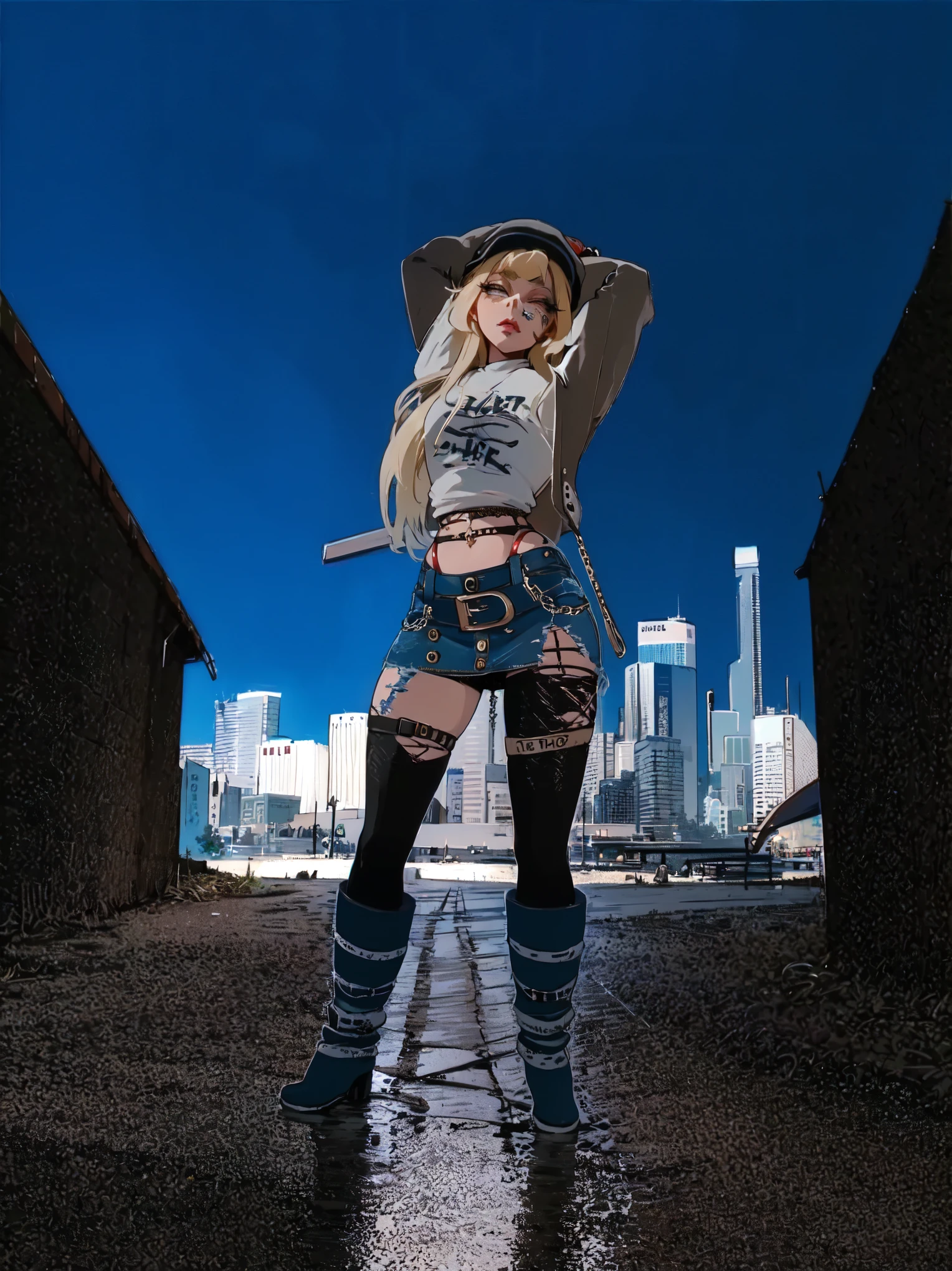 a woman, alone, long hair,  Looking at the viewer, Blonde hair, skirt, hat, thigh, original, jewelry, standing, jacket, Whole body, boots, sky, outdoor, belly, minisskirt,  arms up , skirt azul, makeup, tattoo, hat preto, boots até o joelho, lipstick, jeans, jacket branca,  construction , fishnet stockings,  arms behind the head, shorts jeans, shorts azuis, blue shoes, city, Photo (average),  red lips, fundo da Photo, Fashion, mabinogi 