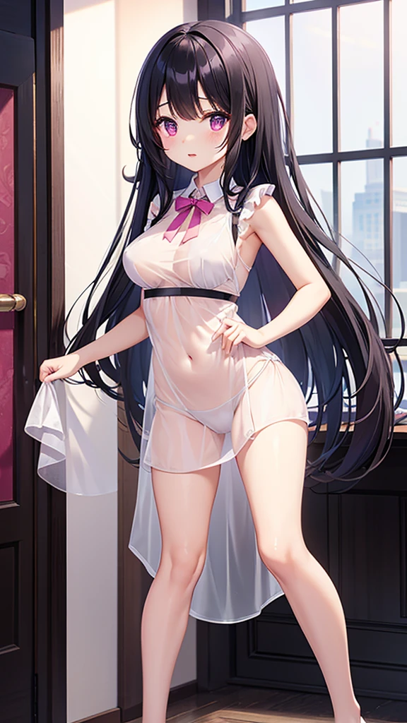 Best Quality, masutepiece, Portrait, , 1girl in, Kotegawa Yui, Black hair, Long hair, Long bangs, Brown eyes, medium udder, ((chies)), Looking at Viewer, Smile,Photo from below、((weddingdress))、((pantyhose))、((Show panties))、