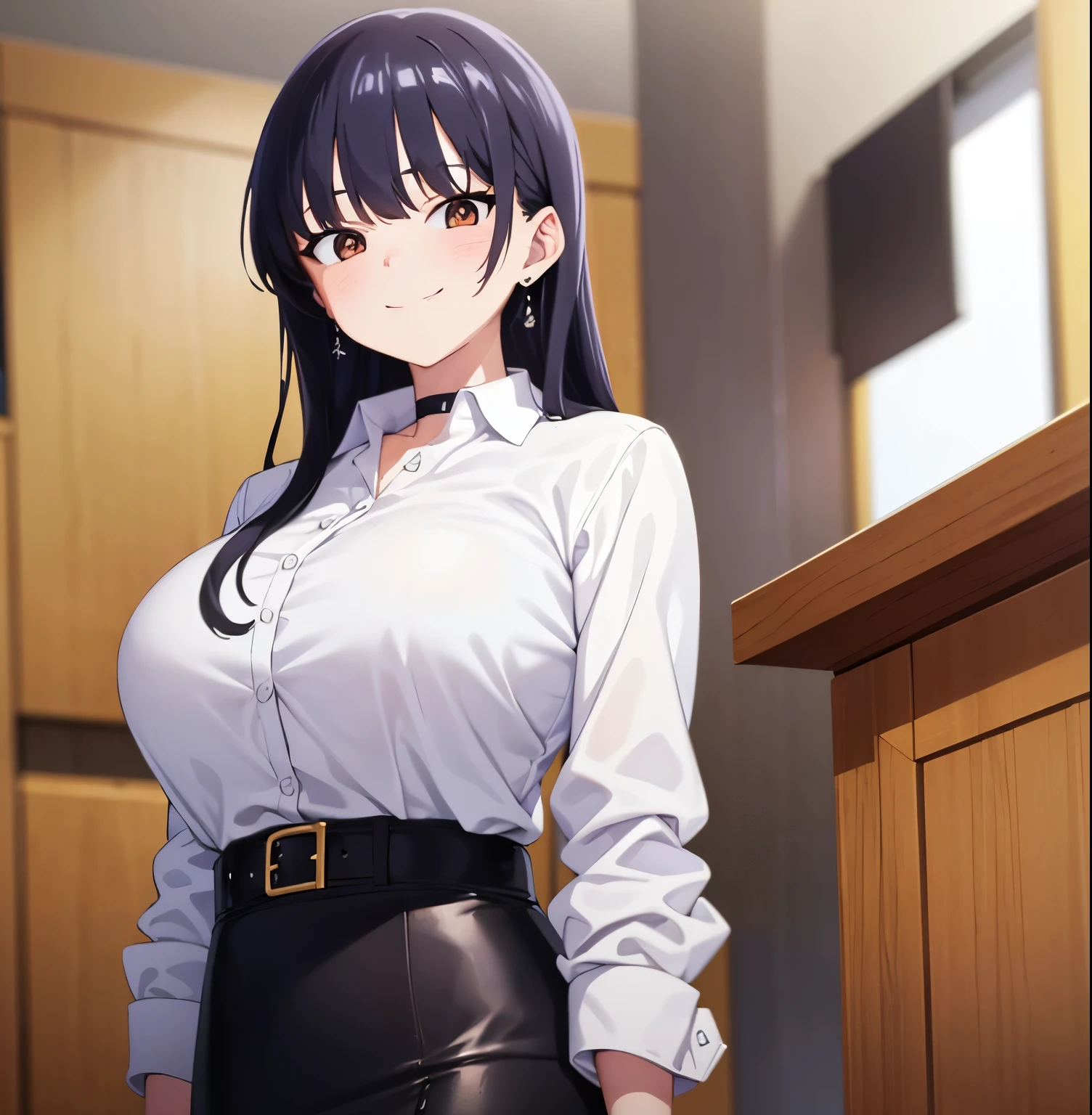 8k, highres, ultra detailed, (masterpiece:1.4), best quality, symmetrical body, (white shirt:1.4), (black pencil leather skirt:1.4), choker, cute, solo, earrings, long hair, dark purple hair, Brown eyes, glow effect, finely eye, grinning, wide smile, detailed face, looking at viewer, smilling at viewer, office, standing, angled view, big breasts, teasing, seductive look