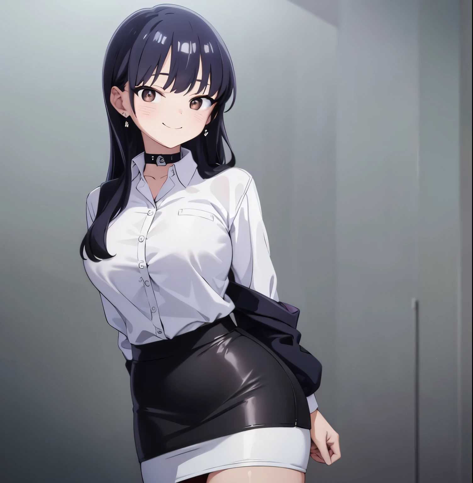 8k, highres, ultra detailed, (masterpiece:1.4), best quality, symmetrical body, (white shirt:1.4), (black pencil leather skirt:1.4), choker, cute, solo, earrings, long hair, dark purple hair, Brown eyes, glow effect, finely eye, grinning, wide smile, detailed face, looking at viewer, smilling at viewer, office, standing, angled view, big breasts, teasing, seductive look