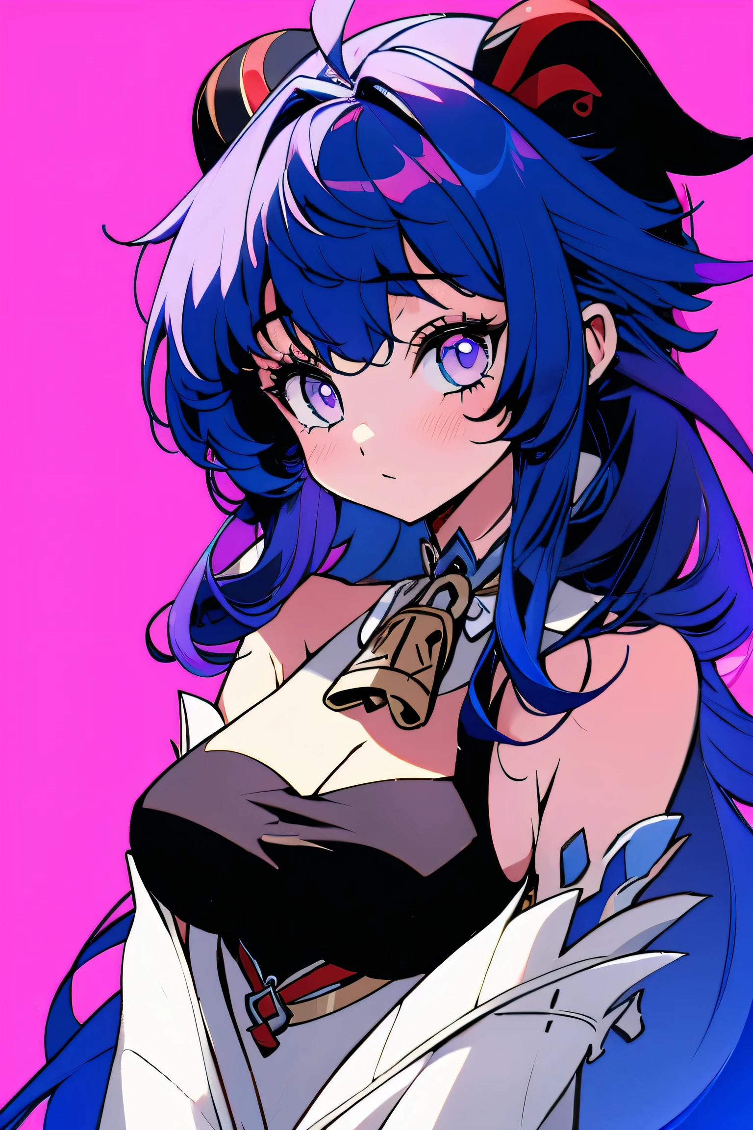 (masterpiece, best quality:1.2), cartoonish character design。1 girl, alone，big eyes，cute expression，blue hair, Ganyu from Genshin Impact, purple eyes, plunging neckline，interesting，clean lines, arms behind back, huge breasts, cleavage, magenta background, sexy, submissive, blushing, 