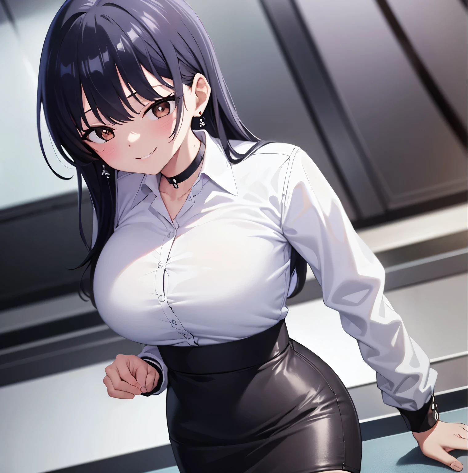 8k, highres, ultra detailed, (masterpiece:1.4), best quality, symmetrical body, (white shirt:1.4), (black pencil leather skirt:1.4), choker, cute, solo, earrings, long hair, dark purple hair, Brown eyes, glow effect, finely eye, grinning, wide smile, detailed face, looking at viewer, smilling at viewer, office, standing, angled view, big breasts, teasing, seductive look