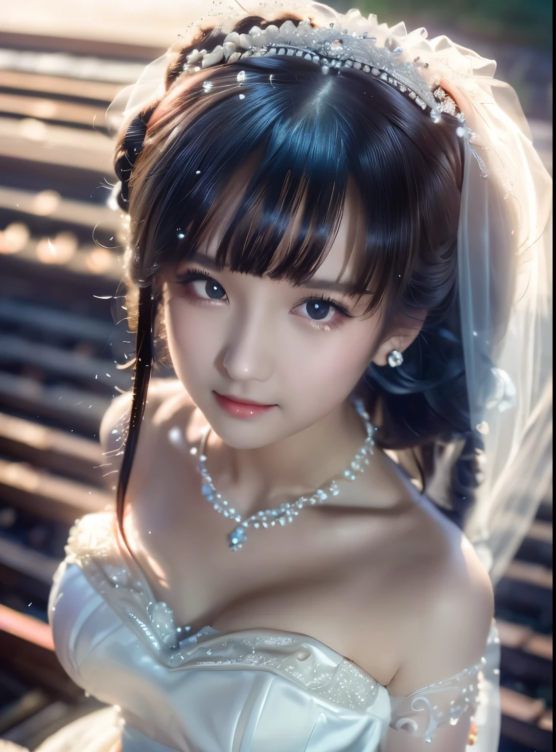 (((Pixel Perfect, perfect detail))), unique, 1 girl,bride, Keep your mouth shut, back to back lens,Pink glossy lips,穿著bride禮服的特写,Gulwitz, (((bride頭紗))),(Transparent short veil),blush,Eyeshadow,Blushing face,Flower head,headgear,((Bouquet)),((((tube top wedding dress)))),(((Strapless Wedding Dress))),( bare shoulders ),Pure white dress,(((necklace))),((earrings)),(large breasts:1.3),Bangs,Lipstick,((White long elbow gloves)),Half-length portrait, high-detail RAW color art ,White long skirt,There is a railway track next to it,(standing on the railroad tracks:1.3),(Long twin tails:1.5),Black Hair,night,Rainy Day,fog
