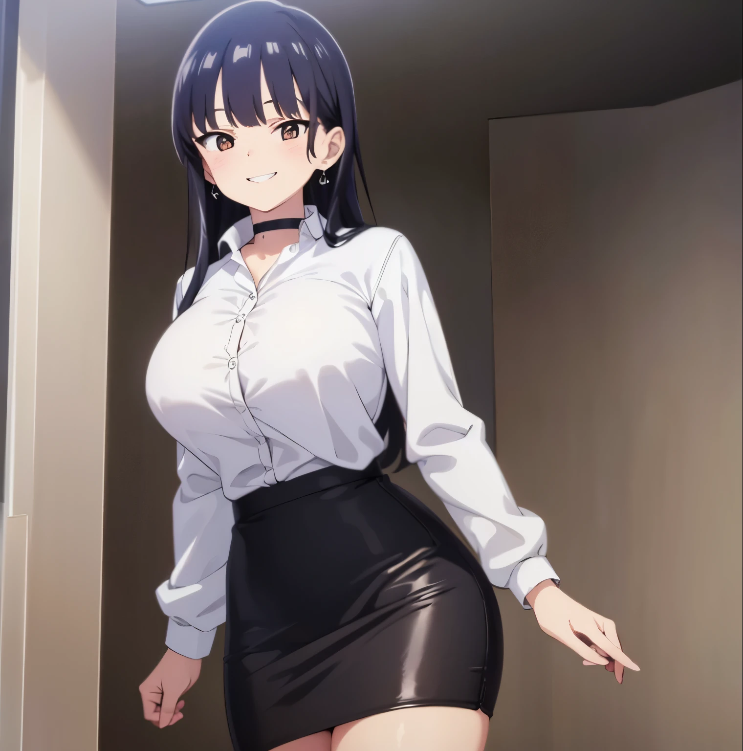 8k, highres, ultra detailed, (masterpiece:1.4), best quality, symmetrical body, (white shirt:1.4), (black pencil leather skirt:1.4), choker, cute, solo, earrings, long hair, dark purple hair, Brown eyes, glow effect, finely eye, grinning, wide smile, detailed face, looking at viewer, smilling at viewer, office, standing, angled view, big breasts, teasing, seductive look