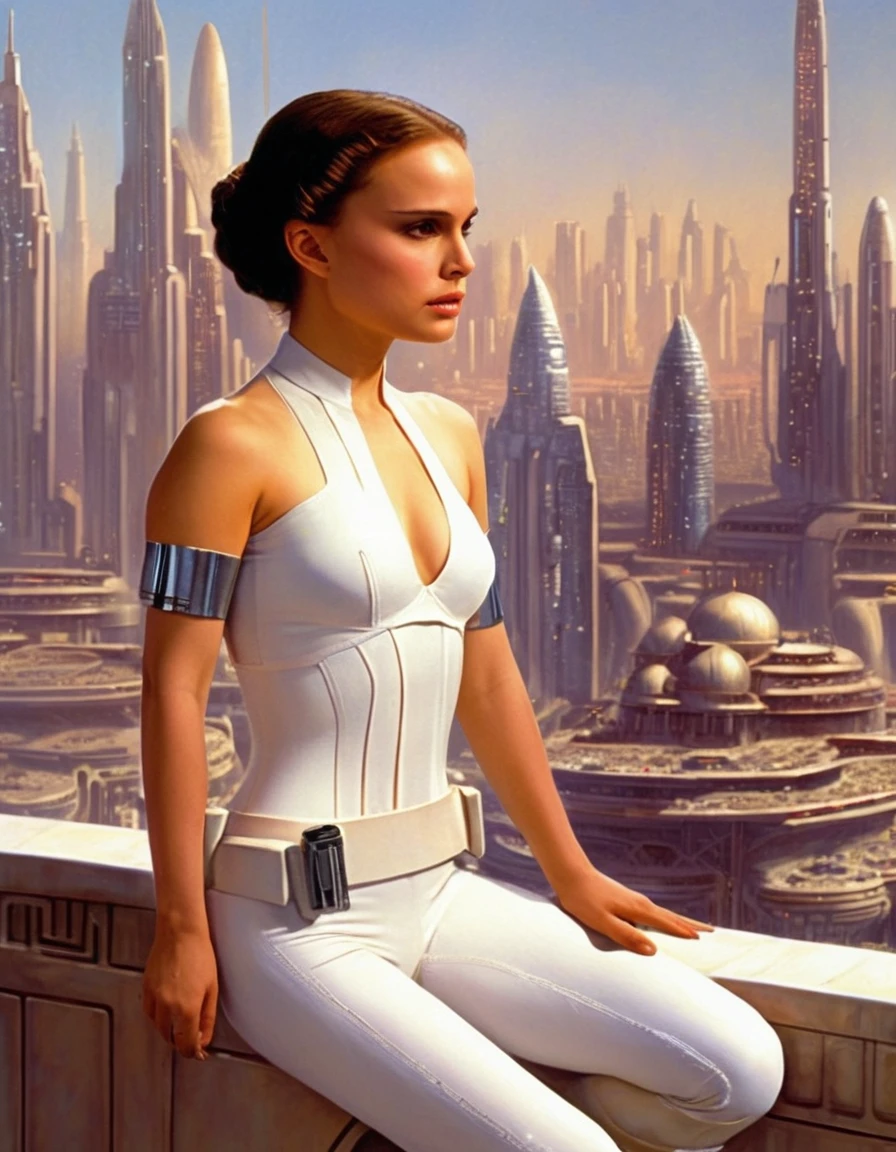 the princess padme , is on a terrace in a bikini,  observing the city of Coruscant from Star Wars, with its immense futuristic buildings, (Design by Doug Chiang),  intricate details of the highest quality machine, cinematic style, absolute clarity, 8k image.( masterpiece ), looks like Natalie Portman, looking for the viewer, white costume 