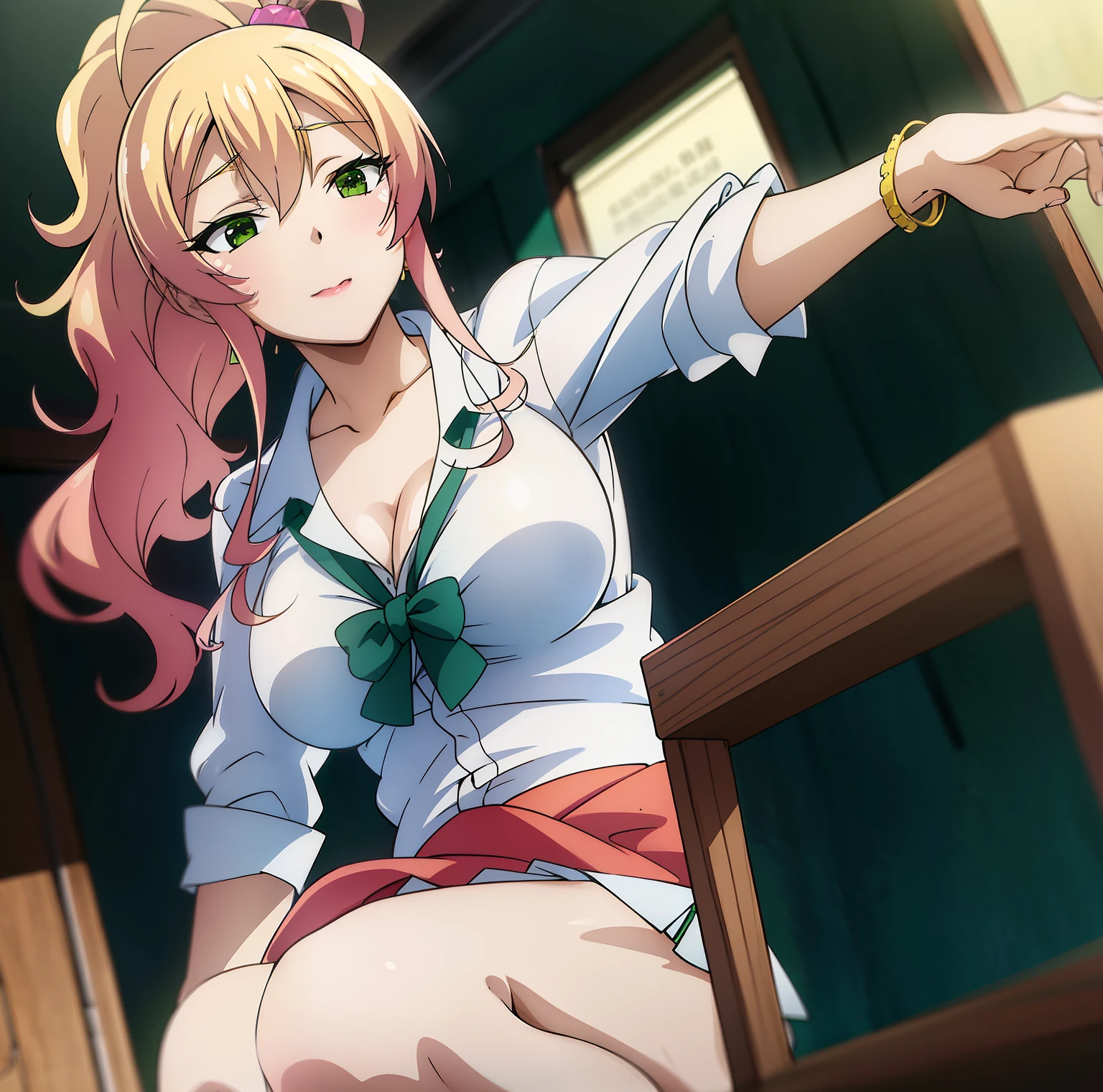 Mount Karatsu, Hachime Yukana, long hair, bangs, blonde hair, hair between the eyes, (green eyes:1.5), ponytails, multicolored hair, scrunchie, high ponytail, lipstick, Gyaru, Kogal, makeup, BREAK skirt, shirt, jewelry, school uniform, collarbone, white shirt, pleated skirt, collared shirt, miniskirt, bracelet, green skirt, REST looking at the viewer, full length, REST indoors, in the classroom, BROKE (Masterpiece: 1.2), Best Quality, High Resolution, Unity 8K Wallpaper, (artwork: 0.8), (Beautiful Detailed Eyes: 1.6), Extremely Detailed Face, Perfect Lighting, Extremely Detailed CG, (Perfect Hands , Perfect Anatomy), no underpants, vacuum exposure, masturbation, no underpants, revelation, exposed vaginal opening, valgus vaginal opening, scratches, masturbation, masturbation, incontinence, milk, vaginal opening exposure, vaginal opening, exposed, ( nudity 1.5), vaginal opening, vaginal opening, voluptuous breasts, wide hips, wide thighs, round butt