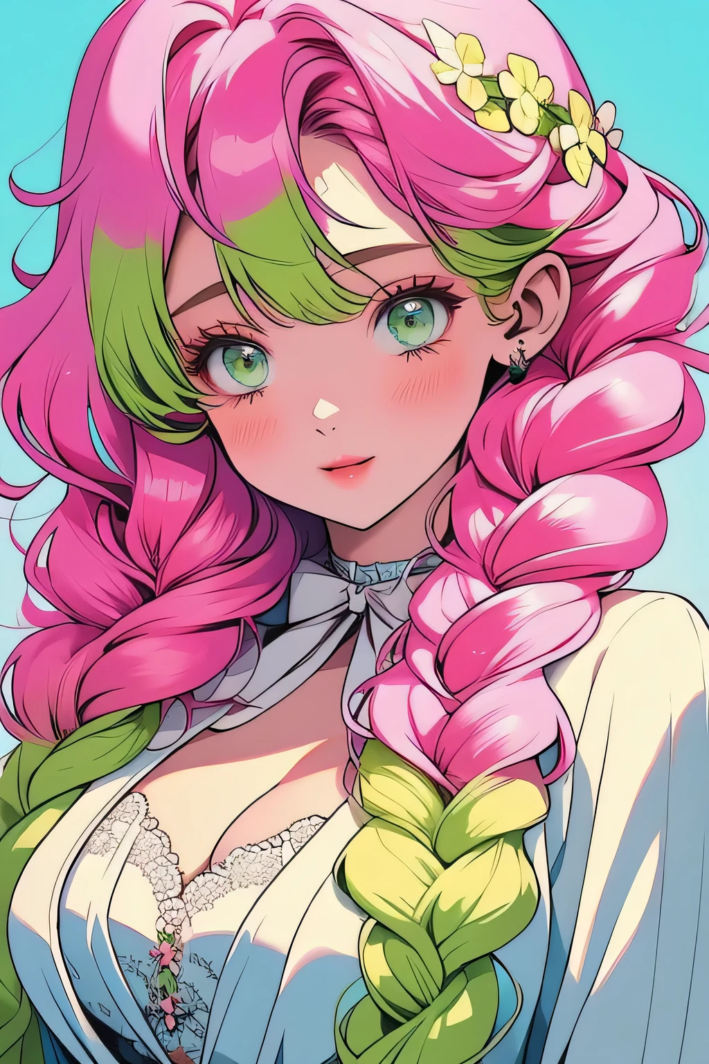 Convert your flower art into illustration.、Create backgrounds with vibrant colors and unique touches The type of flower is statice、Gypsophila、sweet pea、Mix in some lace flowers, portrait, face portrait, big breasts, cleavage, pink hair, green eyes, (green highlights), green braids,