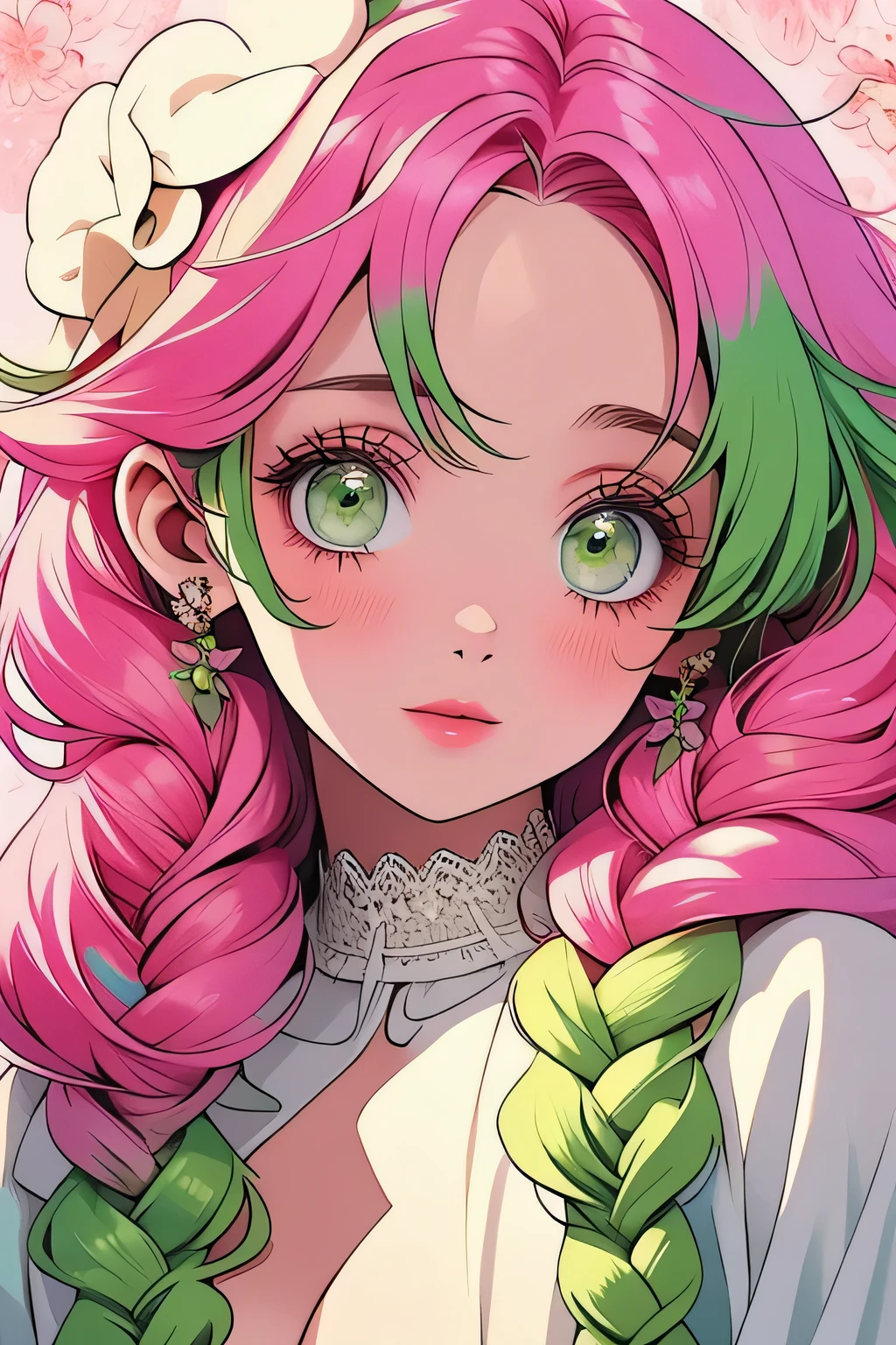 Convert your flower art into illustration.、Create backgrounds with vibrant colors and unique touches The type of flower is statice、Gypsophila、sweet pea、Mix in some lace flowers, portrait, face portrait, big breasts, cleavage, pink hair, green eyes, (green highlights), green braids,