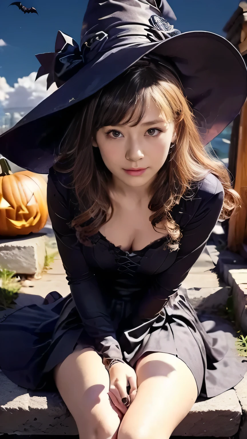  Halloween Night:1.3、(Woman Sitting on Stairs :1.2、witch)、(( Halloween cosplay、Black pointed hat、witch costume、 pleated skirt:1.2)、 cleavage)、(front、View from directly above)、(Realistic、 as in the picture 、live-action、8k, Realistic, RAW photo, Highest quality: 1.4),  SLR camera 、RAW photo, Best Quality, Realistic,  Highly Detailed CG Unity 8k Wallpaper,  the depth of the boundary written , Cinematic Light,  lens flare ,  Ray Tracing, Realistic background、(( super dense skin ))、 after school、(whole body:1.5)、(Long Hair:1.2、  Hair Blown in the Wind :1.4)、i like that style、 stylish、 very detailed、  pay attention to the details 、Perfect outfit、( tanned skin)、Accurate hands、Accurate legs、 Detailed hands and fingers 、  anatomically correct body  、Thin legs、 thin thighs、 small breasts、 very detailedな顔