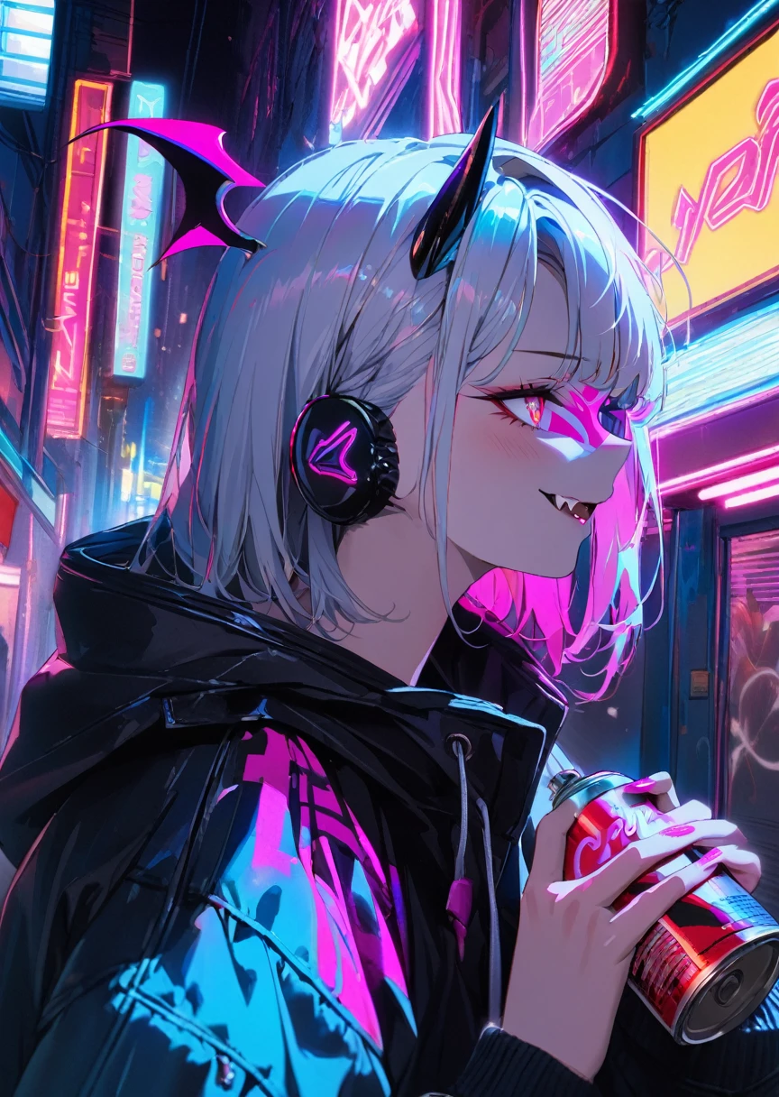 1 chico,  mask with a drawing of demon fangs, holding a can of spray paint neon ,cyberpunk theme, close,exterior,l2v , Extremely detailed image,neon light, masterpiece ,high detail,eyes, Best quality