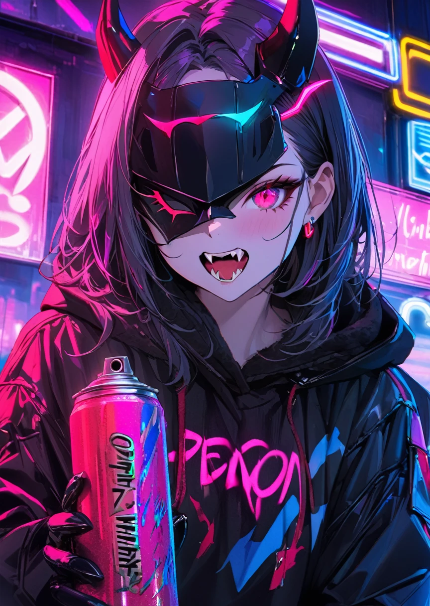 1 chico,  mask with a drawing of demon fangs, holding a can of spray paint neon ,cyberpunk theme, close,exterior,l2v , Extremely detailed image,neon light, masterpiece ,high detail,eyes, Best quality