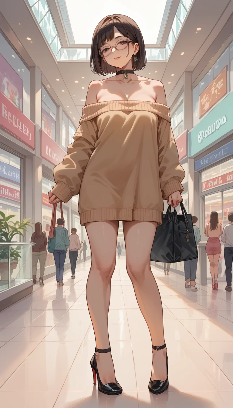 Full body nude asian girl giant boobs completely nude crowded mall heels glasses off shoulder hair choker