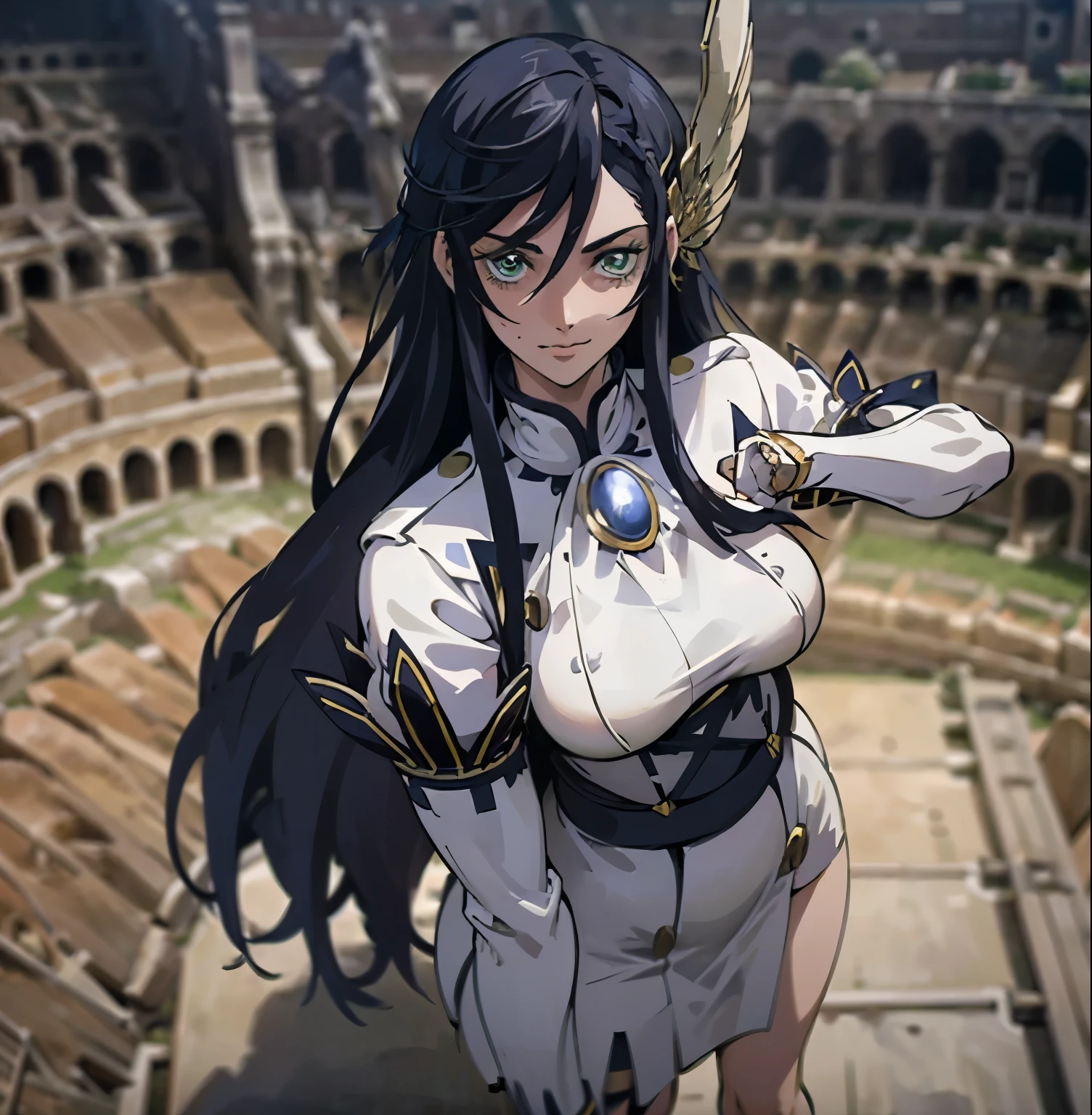 ((1girl)),((alone)), brunhilde,\( shuumatsu no valkyrie\),(masterpiece), (best quality), (ultra detailed), (best illustration), (best shadow), (absurdities) , sharp focus, cowboy shot, atmospheric perspective, depth of field, dynamic posture, ((looking at viewer)), large breasts, narrow waist, wide hips, wide thighs, round butt, erotic, romantic, (highly detailed eyes, lips 1.1), highly detailed eyes, eyes, Highly detailed face, Very beautiful face, Symmetrical face, Aesthetic face, perfect face, perfect eyes, detailed eyelashes: 1.5), full height, beautiful slim figure, femininity, expressive appearance, big breasts elastics, sexuality, parted lips, (green eyes), long hair, black hair, green eyes, wearing white clothes, white dress: 1.4, tight dress: 1.3, black stockings: 1.4, hair ornament, curves, defined body, Perfect and beautiful body, perfect and beautiful, closed mouth, ((evil smile)), (smug), flirtatious expression, (sexy pose: 1.2), ((solo)), standing: 1.3, ((exterior, Roman coliseum, day,sunny,clouds,clear sky,)), Looking forward,((focus on breasts:1.4)), point of view:(from above), perfect anatomy, perfect hands